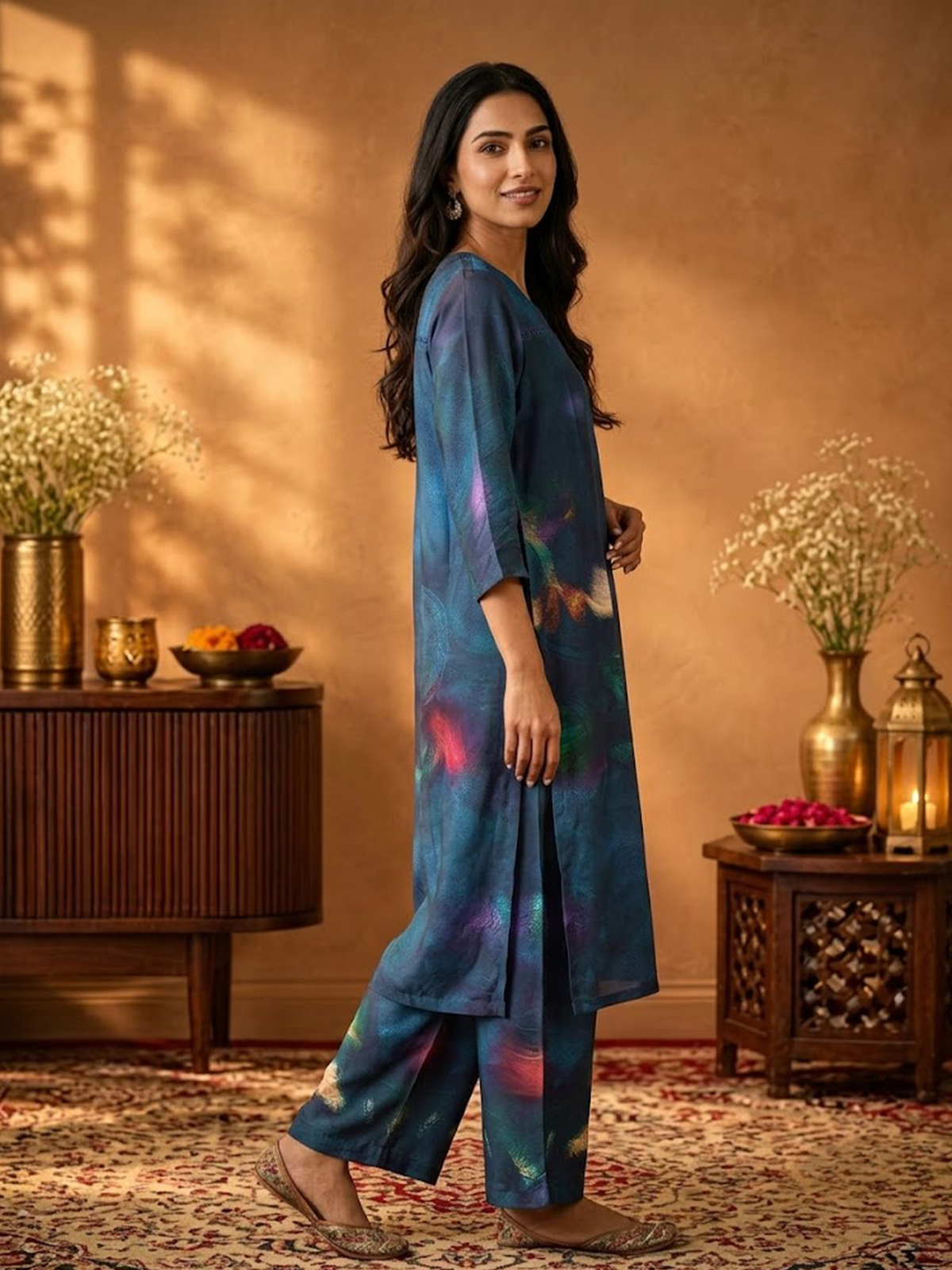 Women Blue Cosmic Kurta With Wide Leg Pant