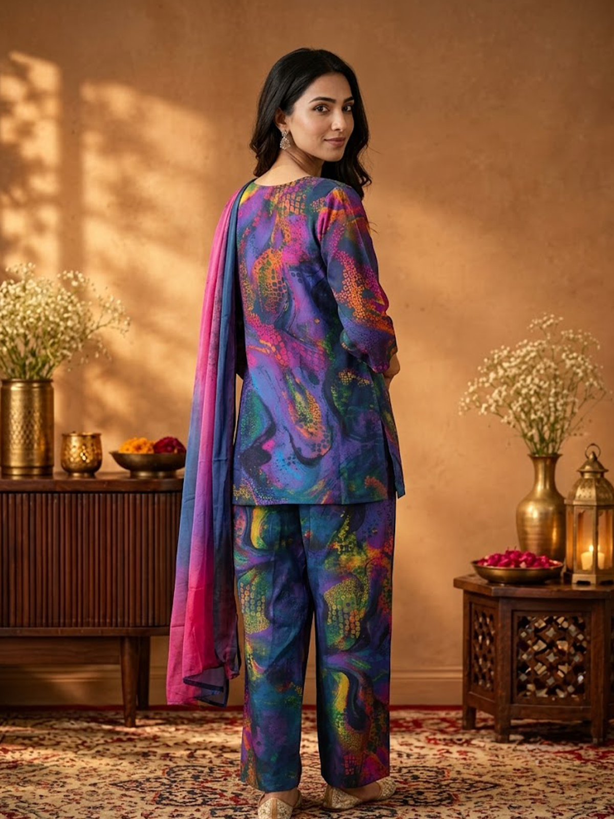 Women Purple Multi Cosmic Kurta Wide Leg Pant Stole