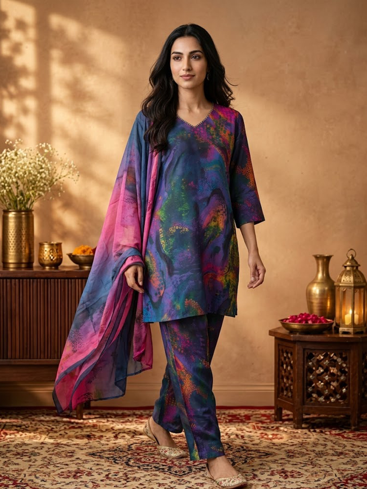 Women Purple Multi Cosmic Kurta Wide Leg Pant Stole