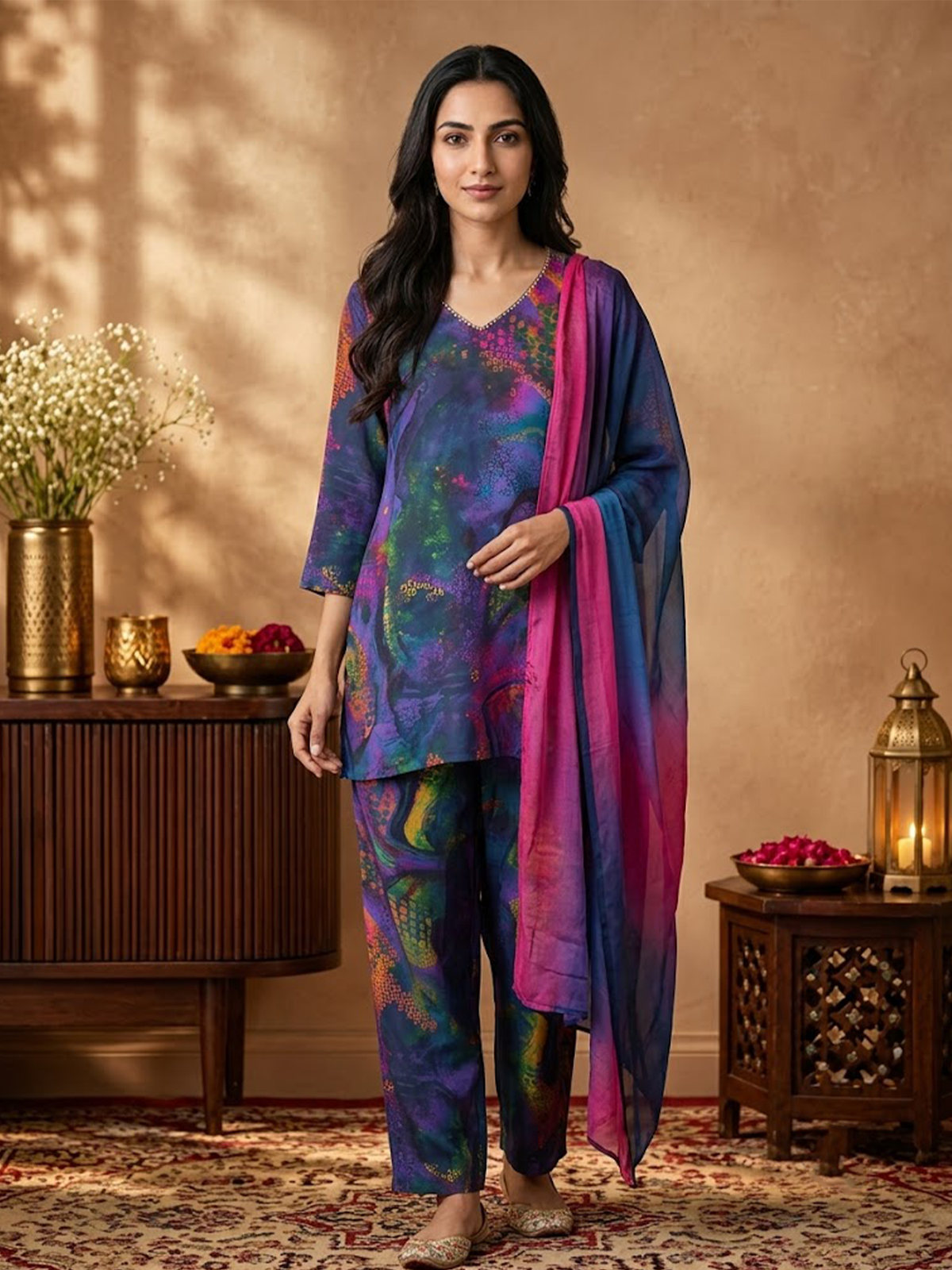 Women Purple Multi Cosmic Kurta Wide Leg Pant Stole
