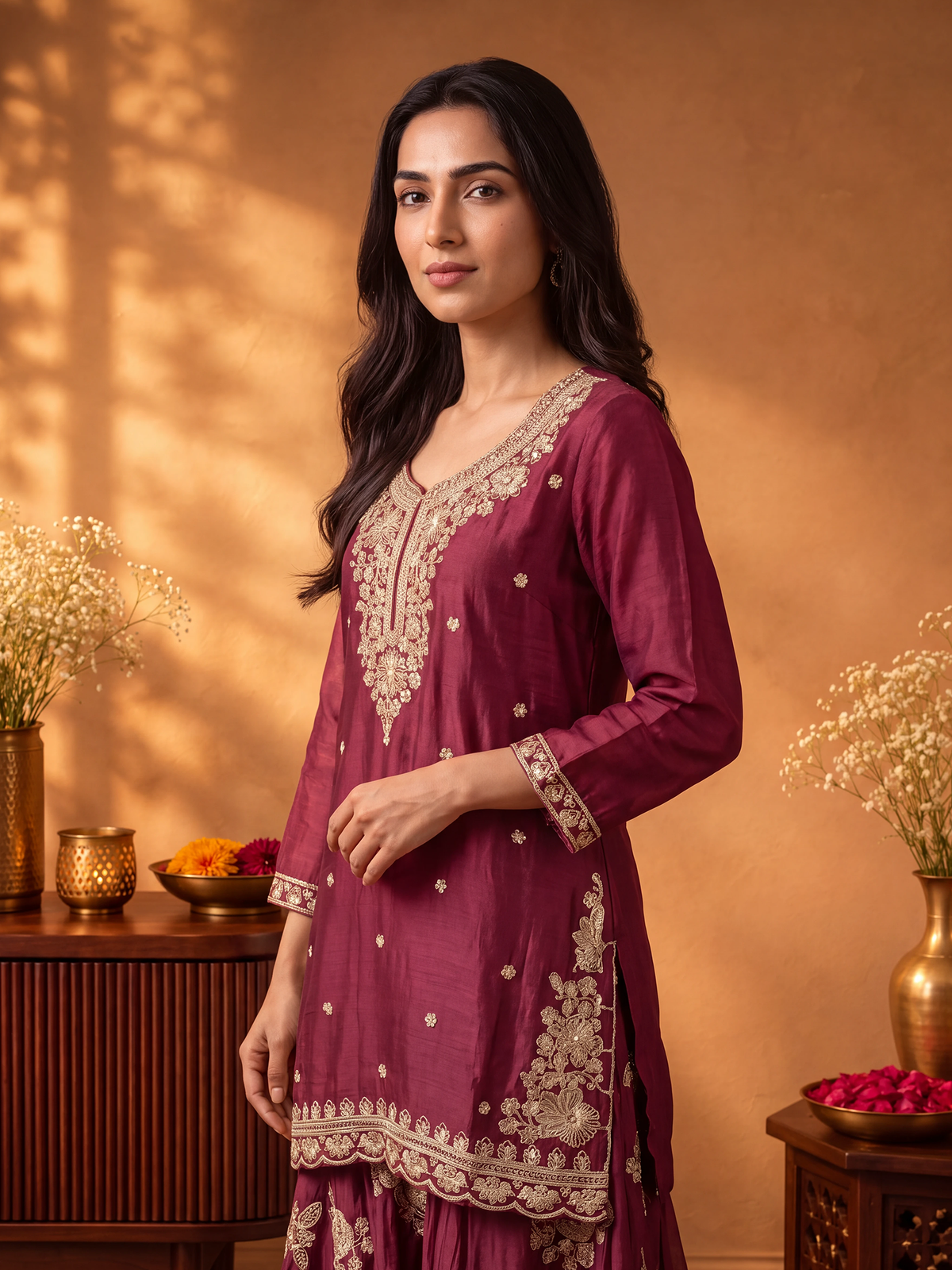 Women Chocolate Brown Adda Work Kurta Split Pant Dupatta