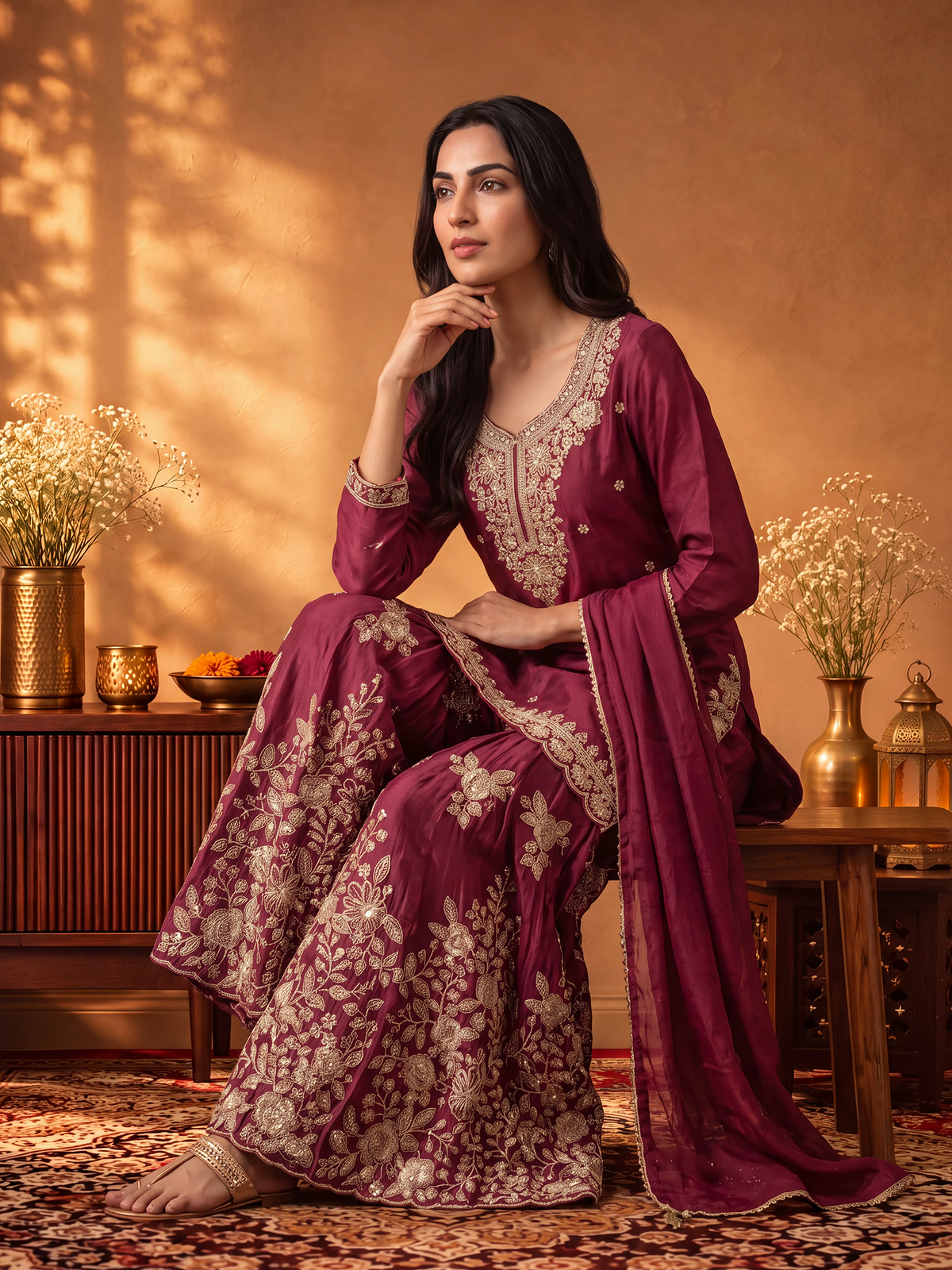Women Chocolate Brown Adda Work Kurta Split Pant Dupatta