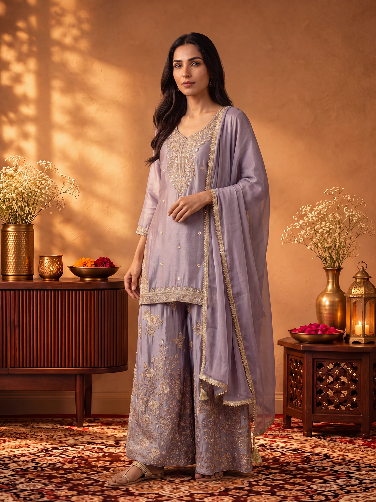 Women Lavender Adda Work Kurta Split Pant Dupatta