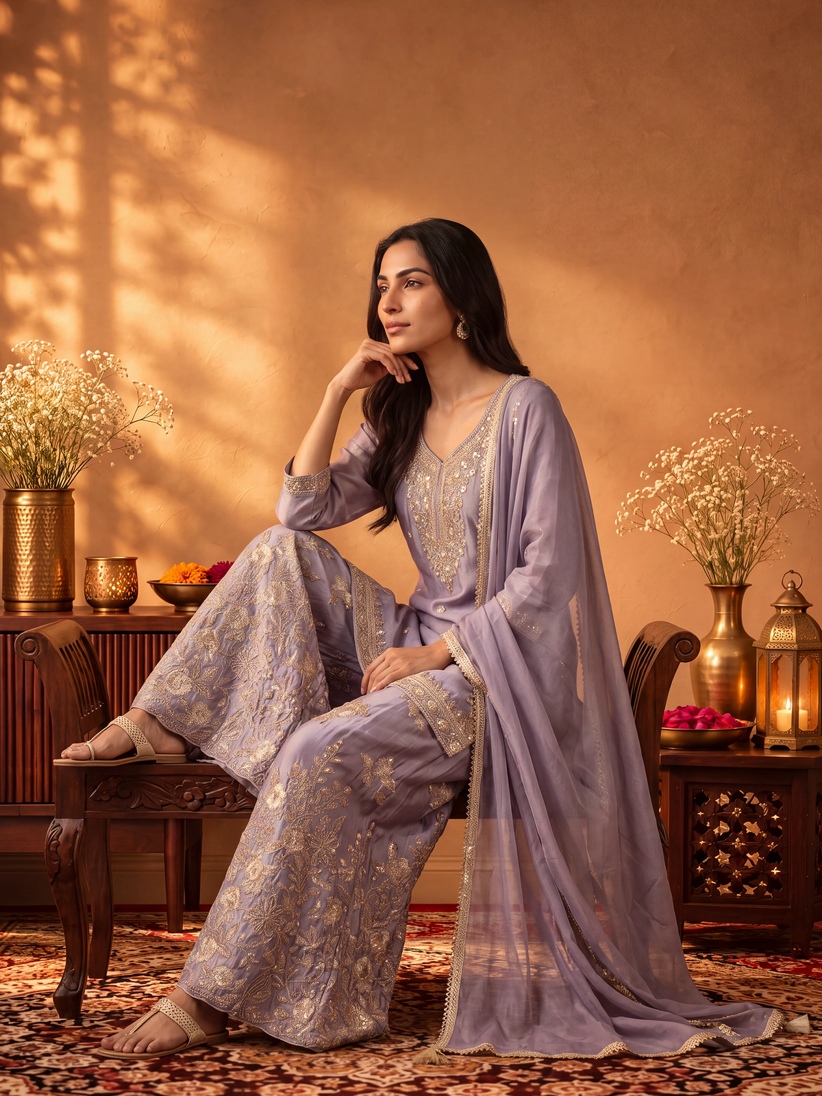 Women Lavender Adda Work Kurta Split Pant Dupatta