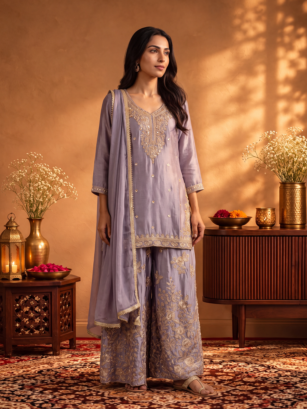 Women Lavender Adda Work Kurta Split Pant Dupatta