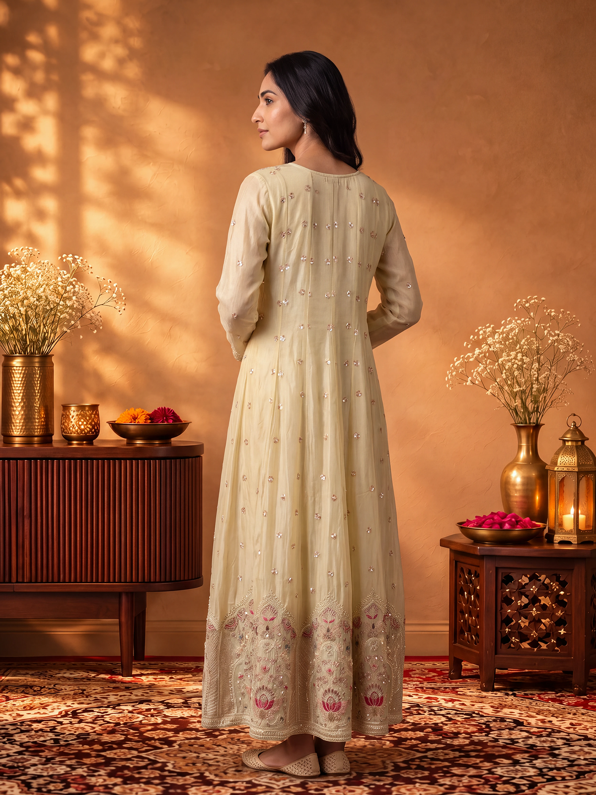 Women Cream Adda Work Kurta Wide Leg Pant Dupatta