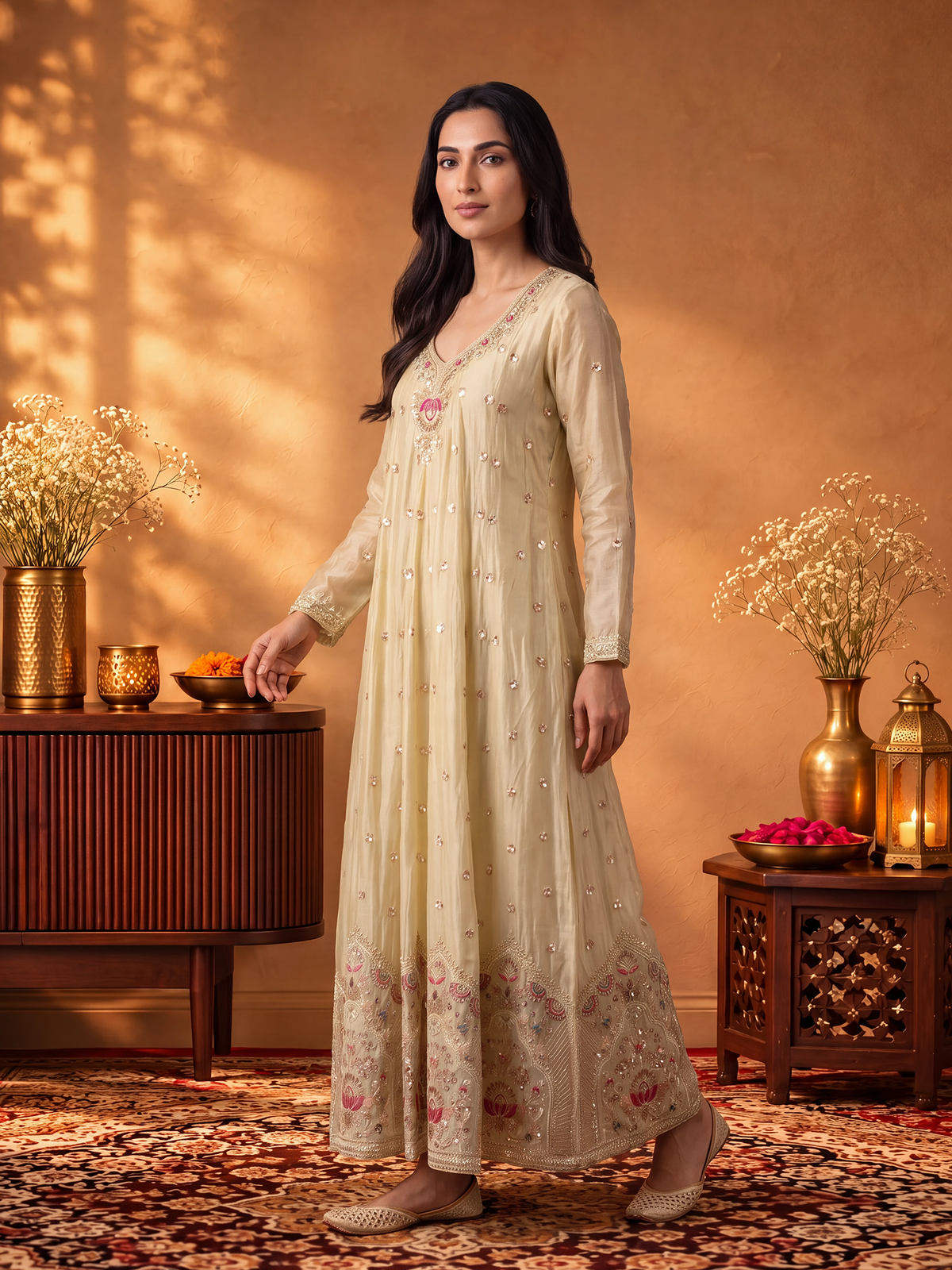 Women Cream Adda Work Kurta Wide Leg Pant Dupatta