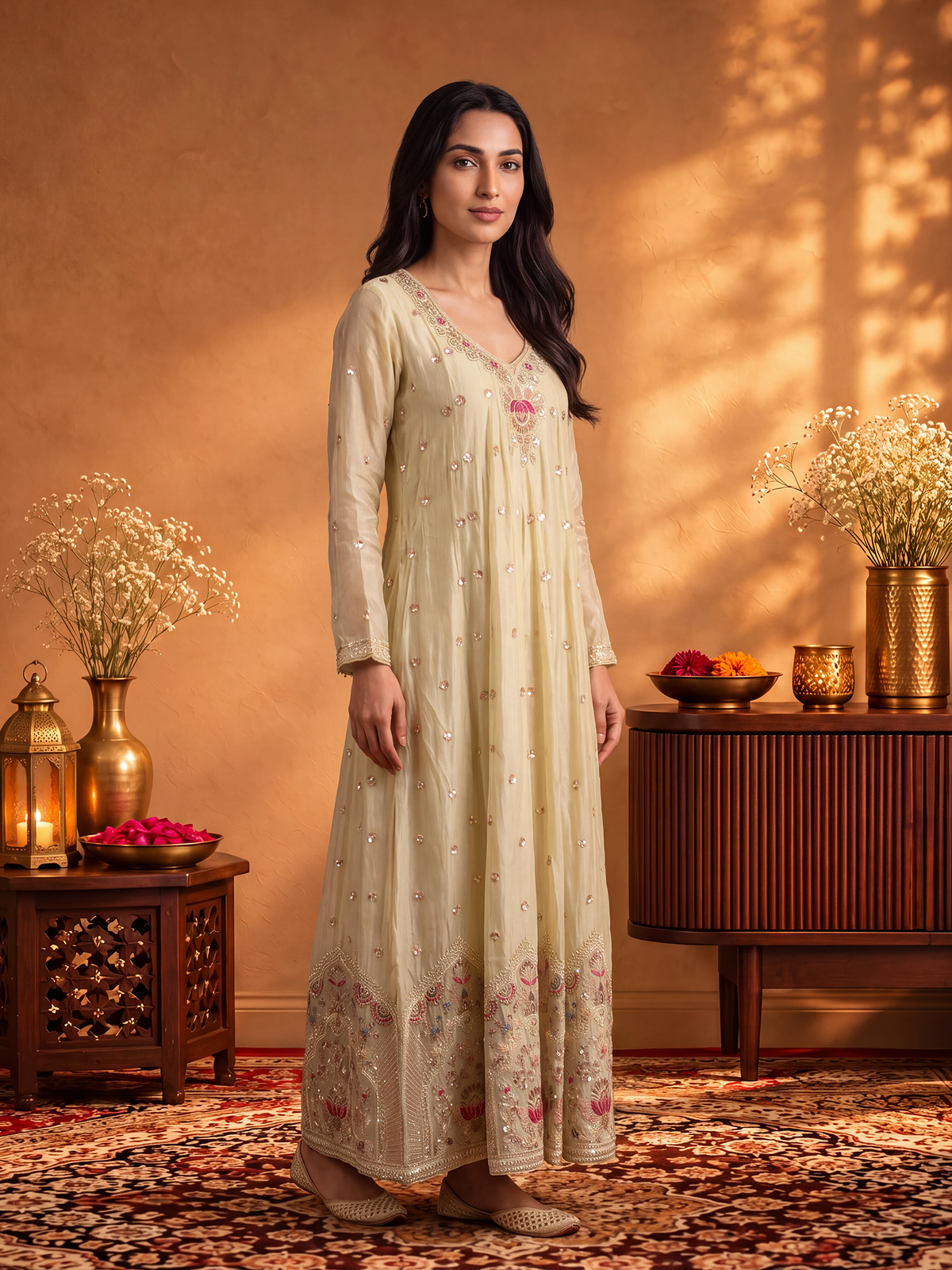 Women Cream Adda Work Kurta Wide Leg Pant Dupatta