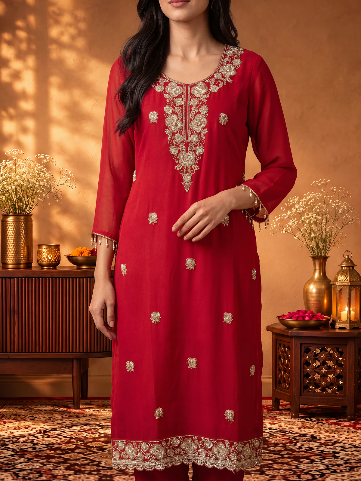Women Red Cut Dena Adda Work Kurta Comfort Pant With Dupatta