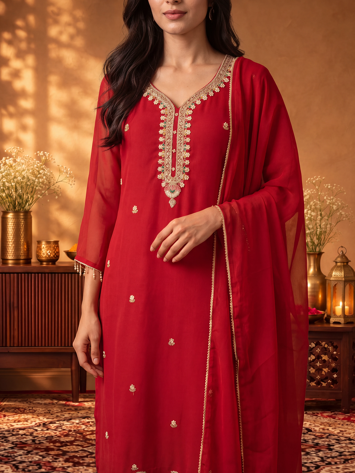 Women Red Cut Dena Adda Work Kurta Comfort Pant Dupatta