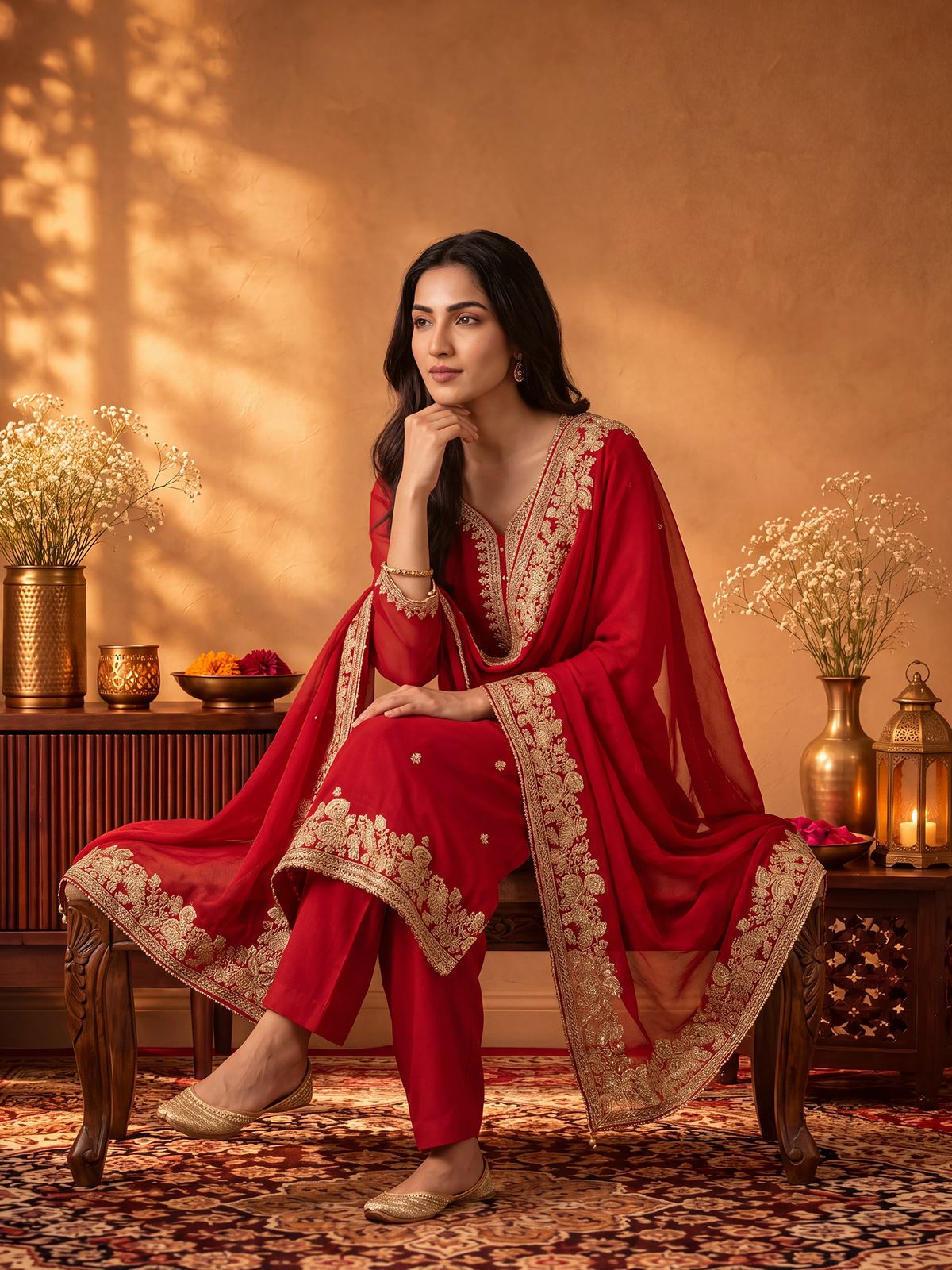 Women Red Cut Dena Adda Work Kurta Comfort Pant Dupatta