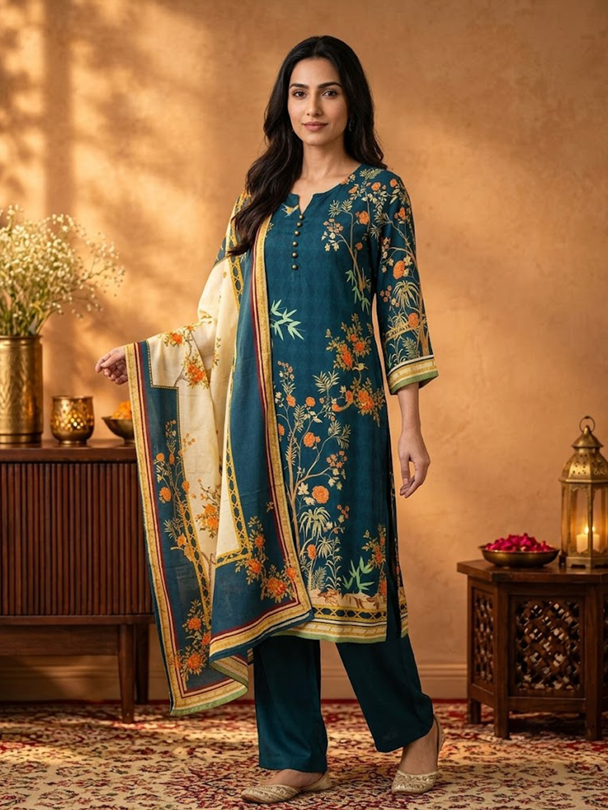 Women Dark Blue Rayon Floral Kurta Comfort Pant Dupatta