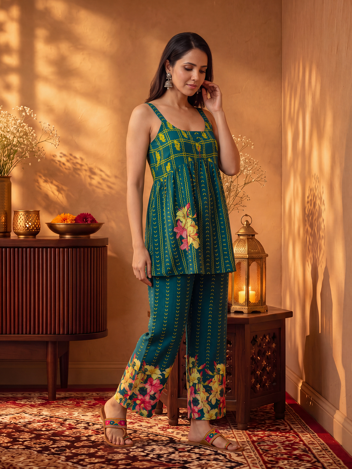Women Teal Green Rayon Floral Co-Ord Set