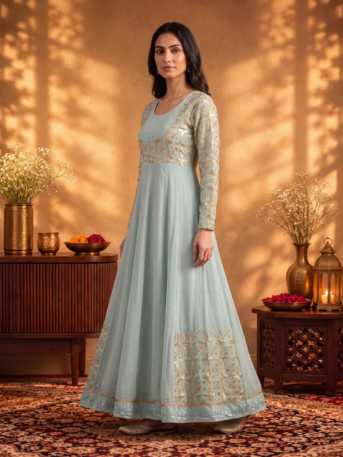 Women Ice Blue Georgette Embroidered Dress With Dupatta