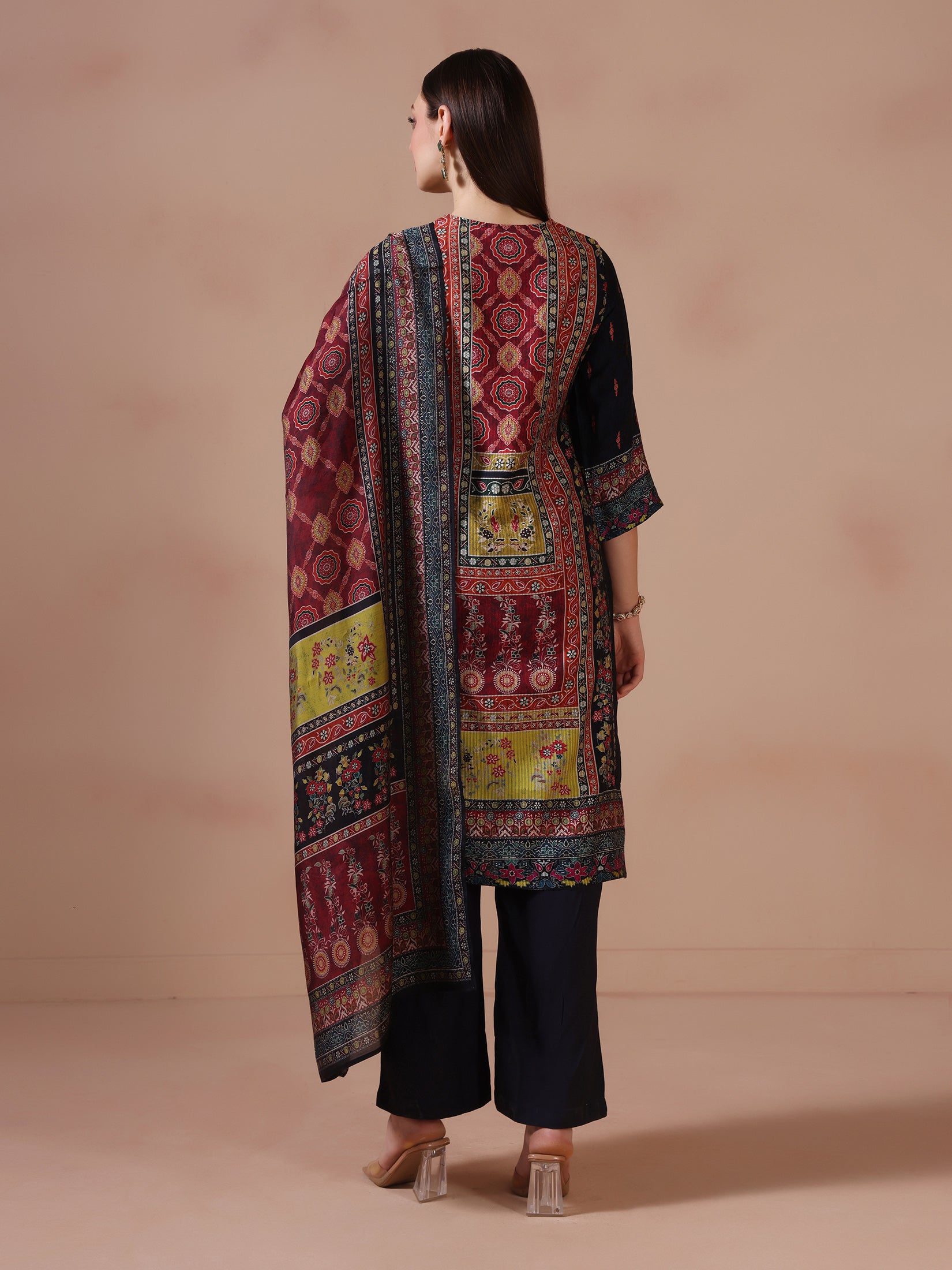 Women Poly Viscose Multicolor Ajrakh Print Kurta Comfort Pant Dupatta