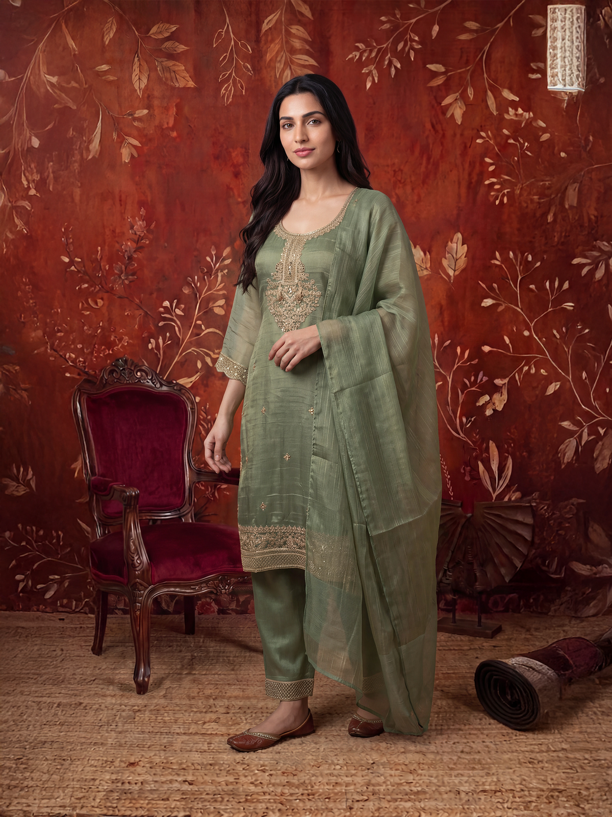 Women Olive Poly Viscose Tissue Embroidered Kurta Palazzo Dupatta