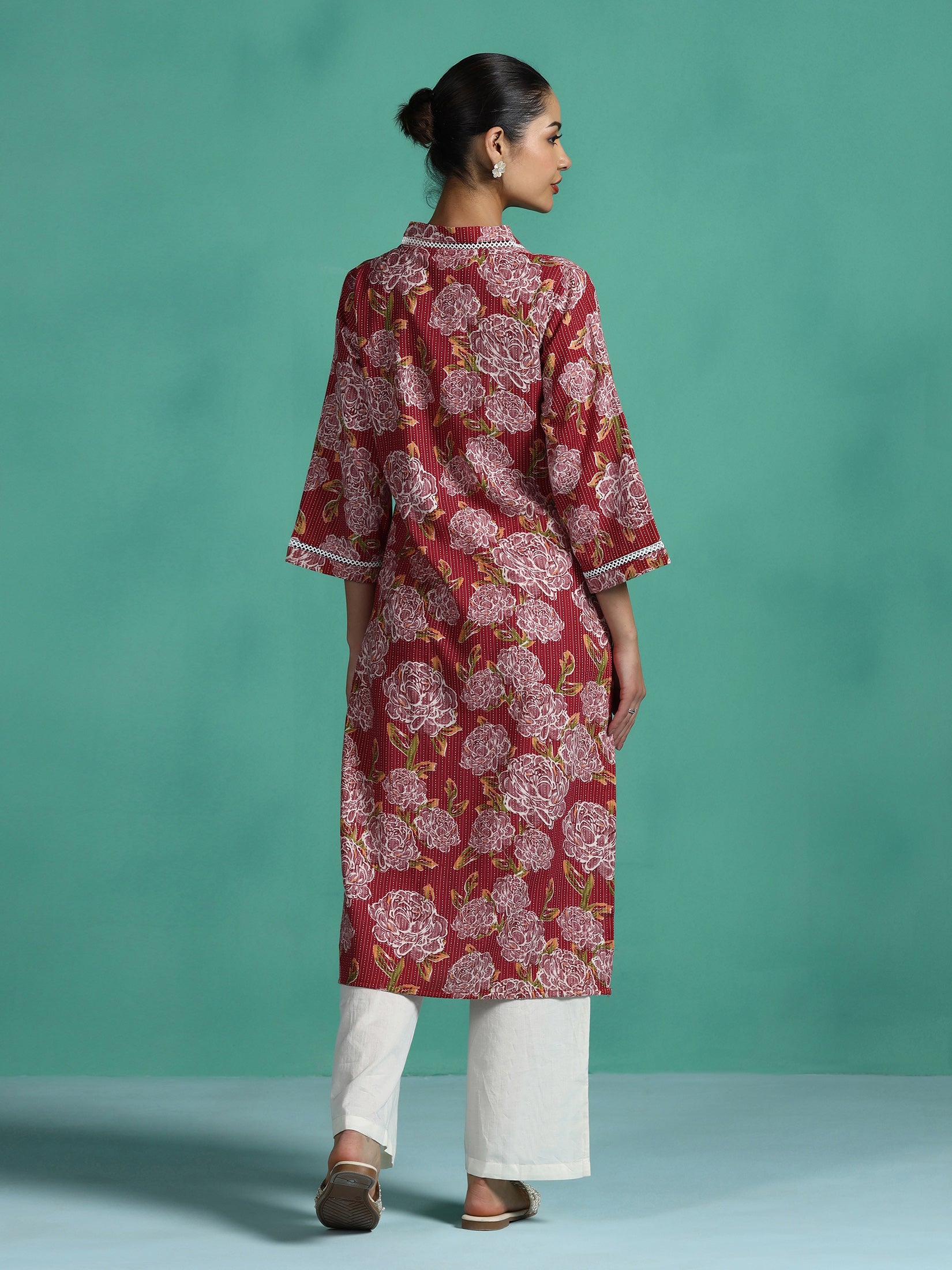 Women Cotton Red Floral Print Kurta