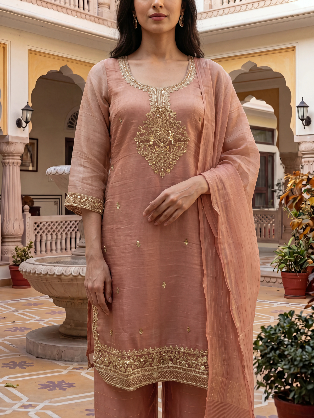 Women Peach Poly Viscose Tissue Floral Embrodery Kurta Palazzo Dupatta