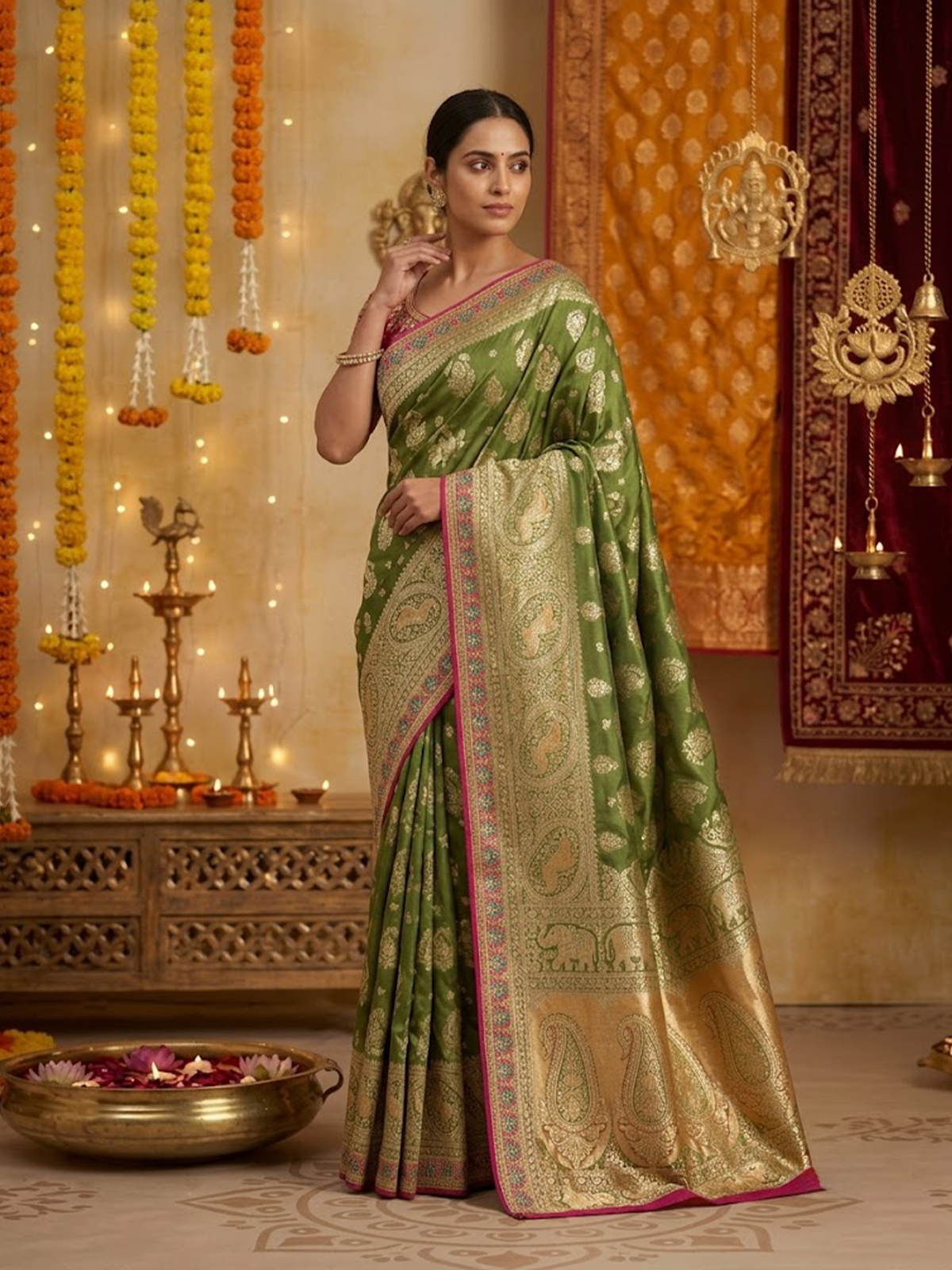 Women Olive and Red Viscose Saree With Stitch Blouse