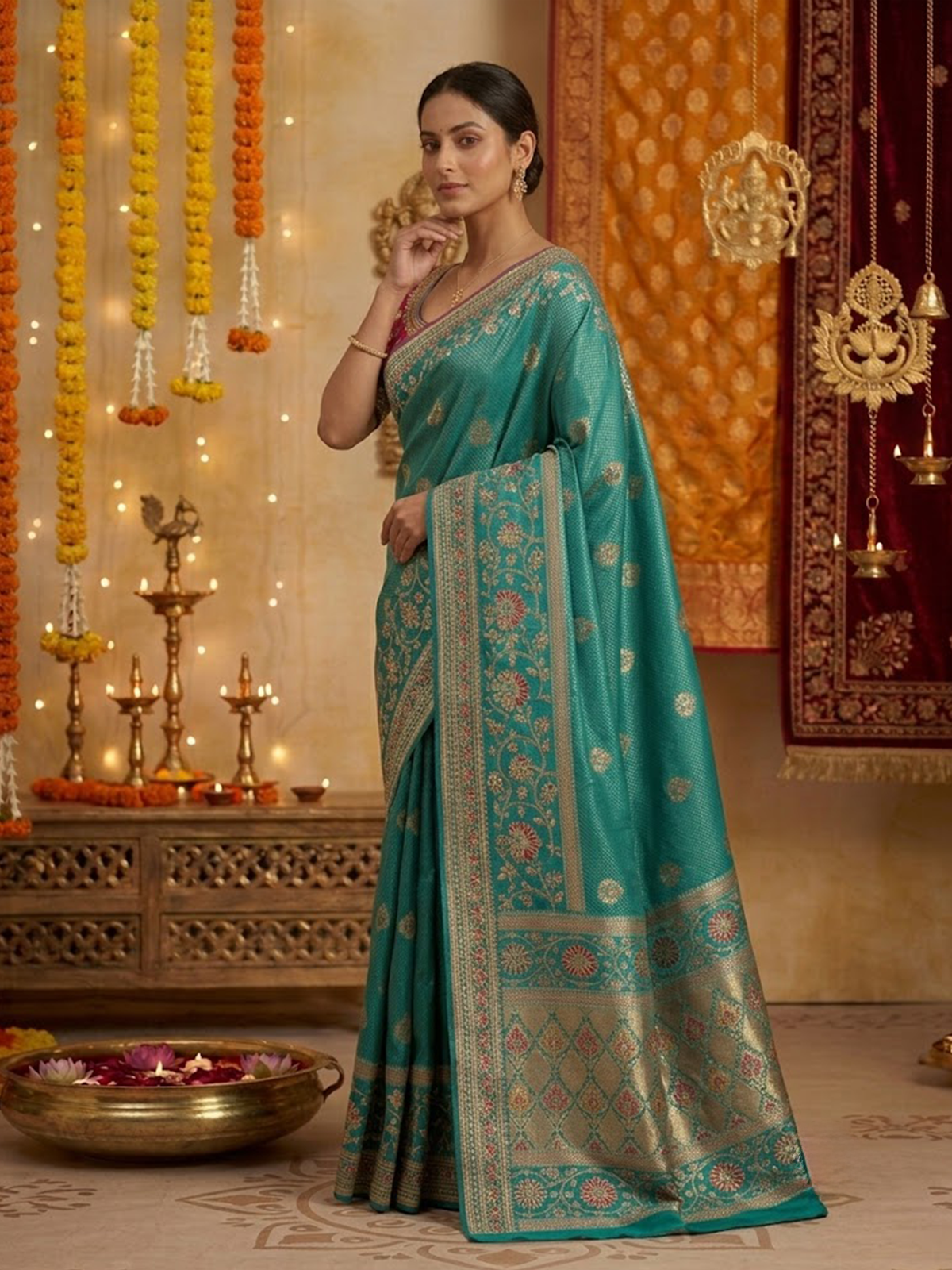 Women Peacock Blue Viscose Saree With Stitch Blouse