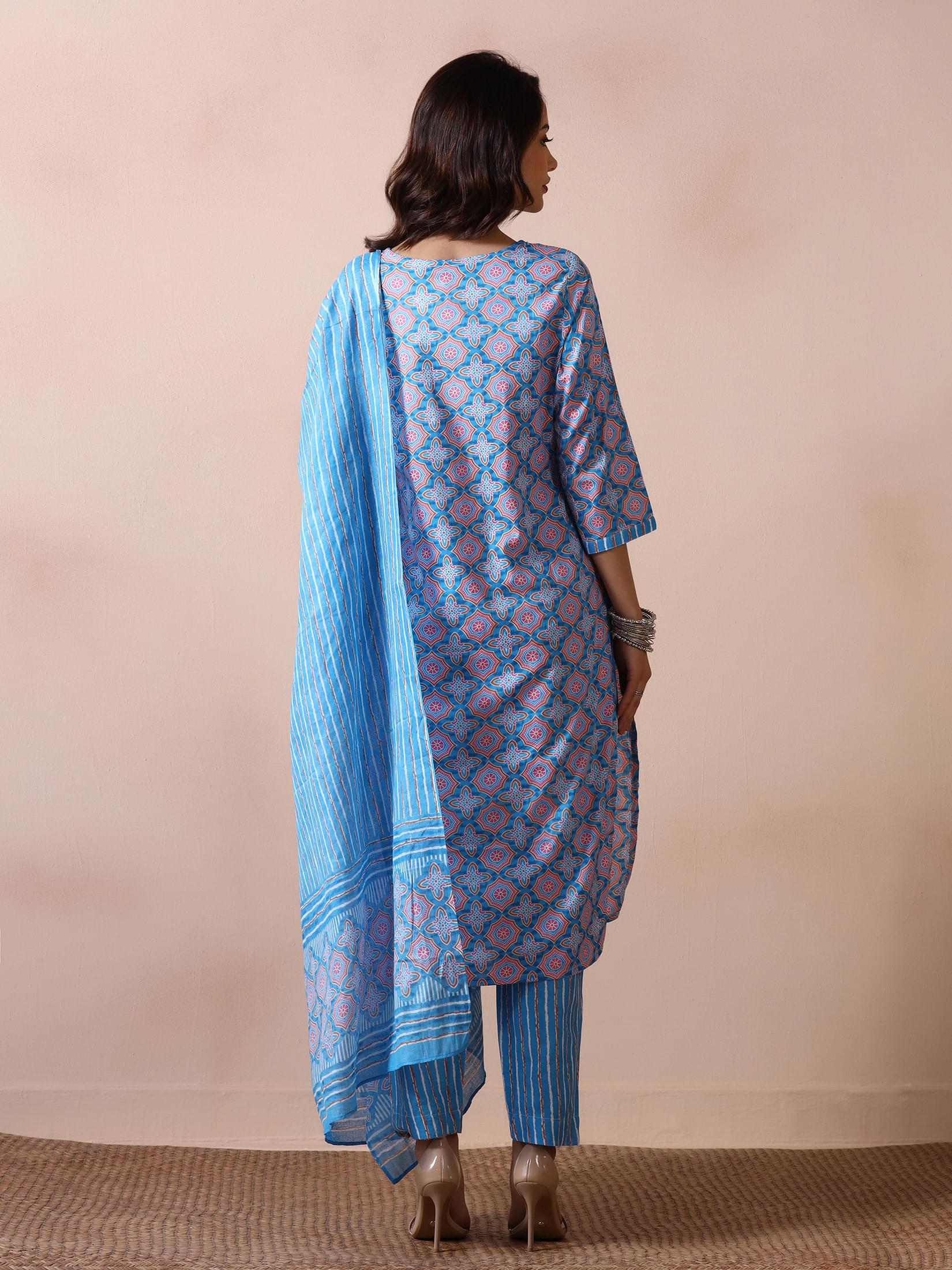 Women Cotton Blue Printed Kurta Trouser With Dupatta.