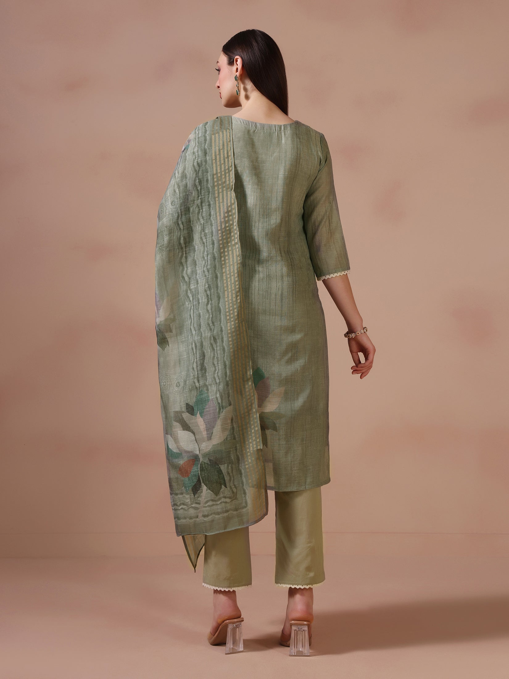 Women Linen Olive Embroidered Kurta Trouser Dupatta