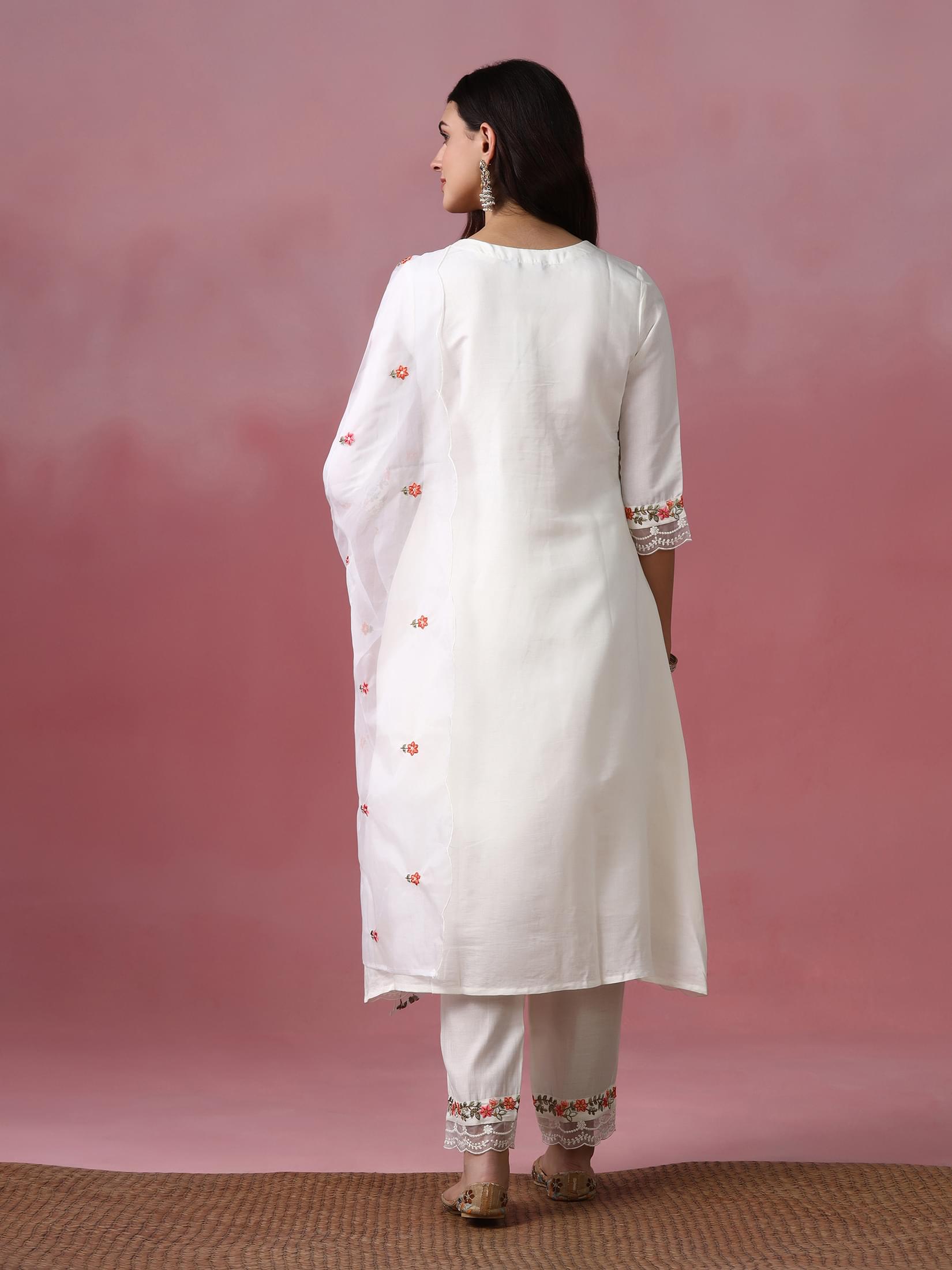 Women Roman Silk Blend Off White Embroidered Kurta Comfort Pant Dupatta.