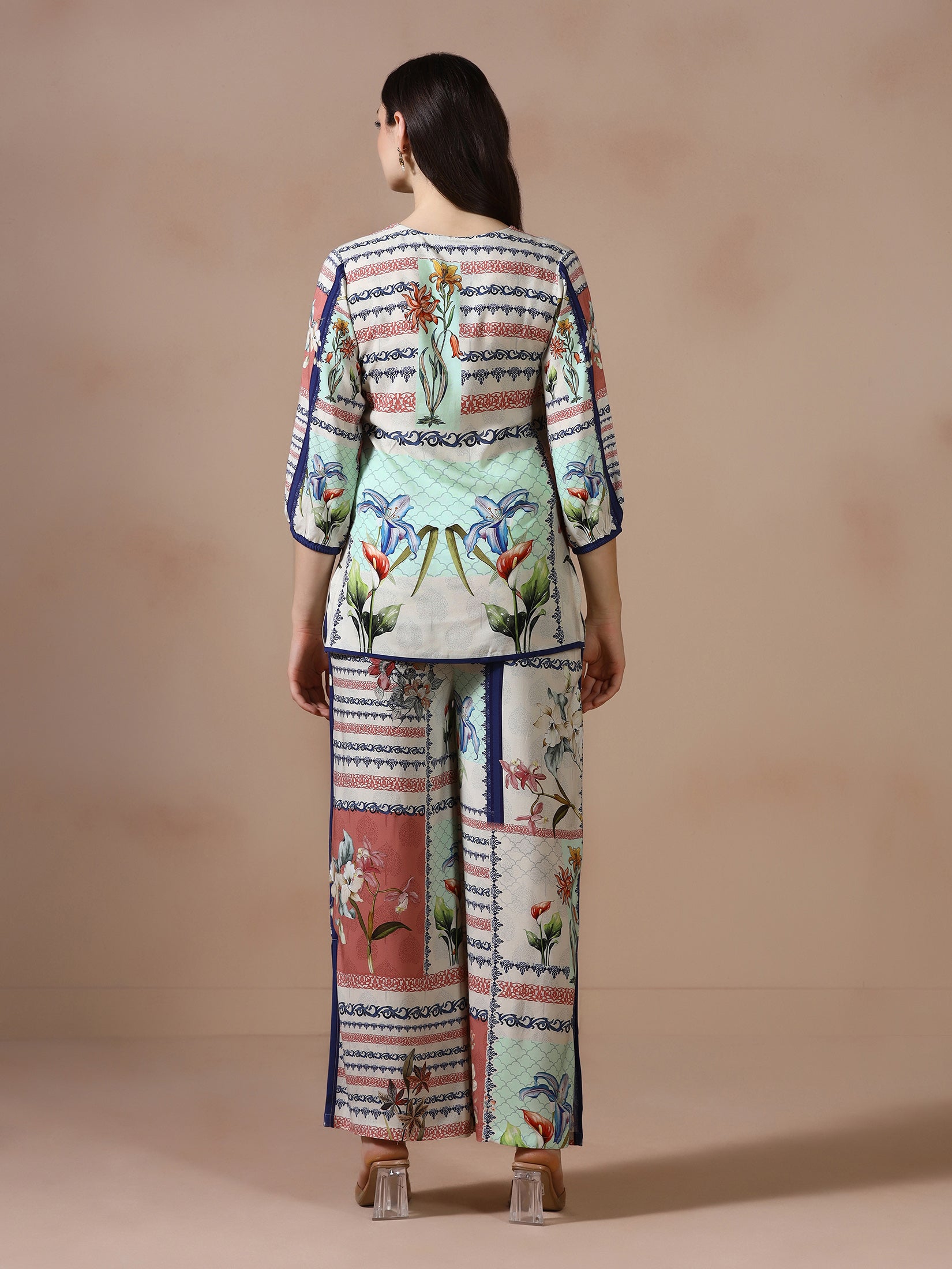 Women Liva Beige Printed Co Ord Set