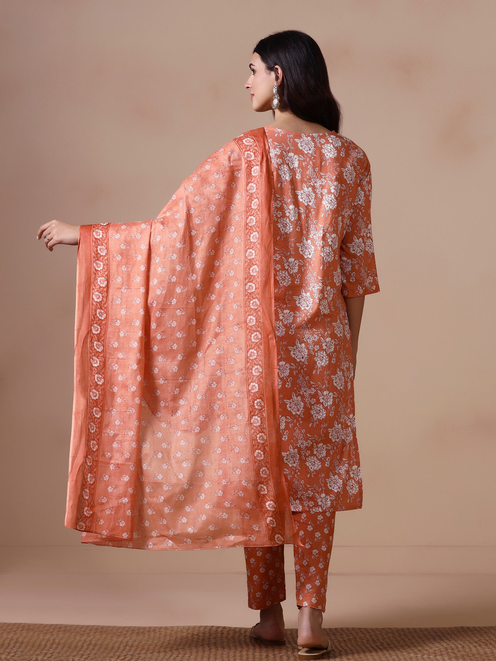 Women Cotton Peach Floral Print KurtaTrouser Dupatta