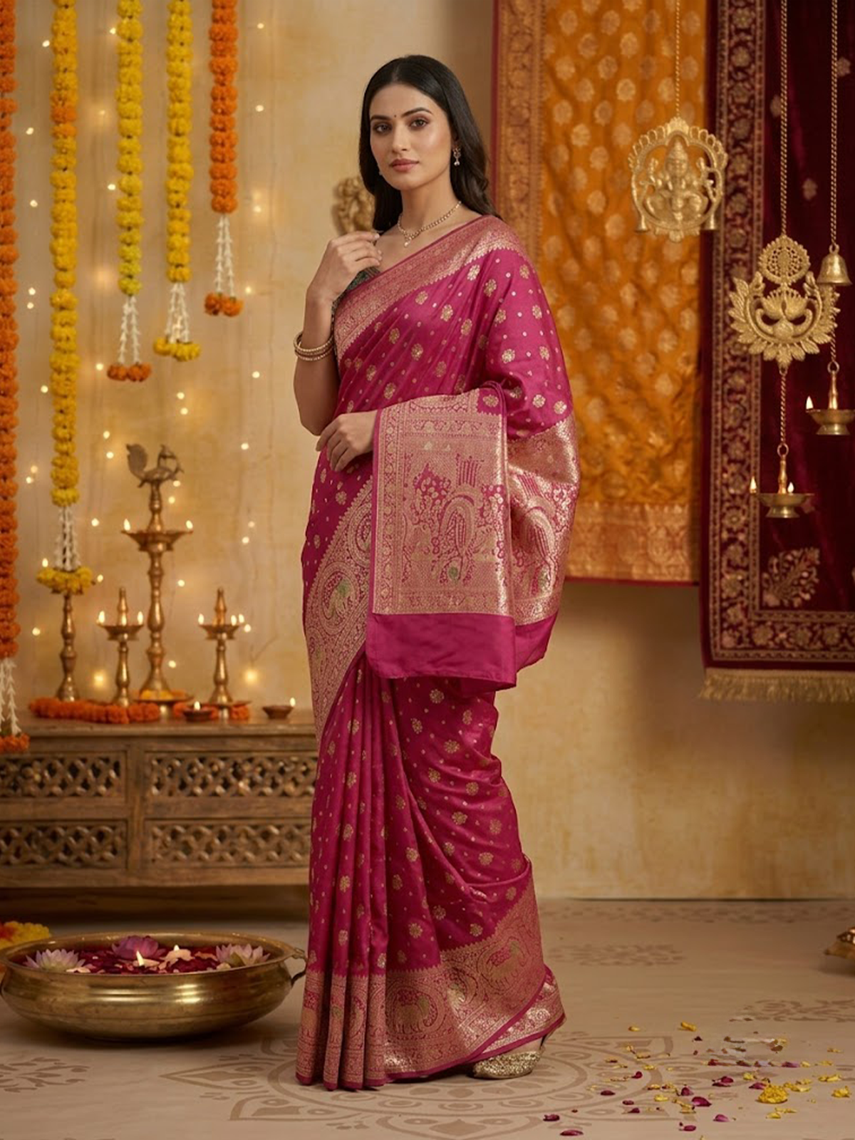 Women Pink And Green Viscose Saree With Stitch Blouse