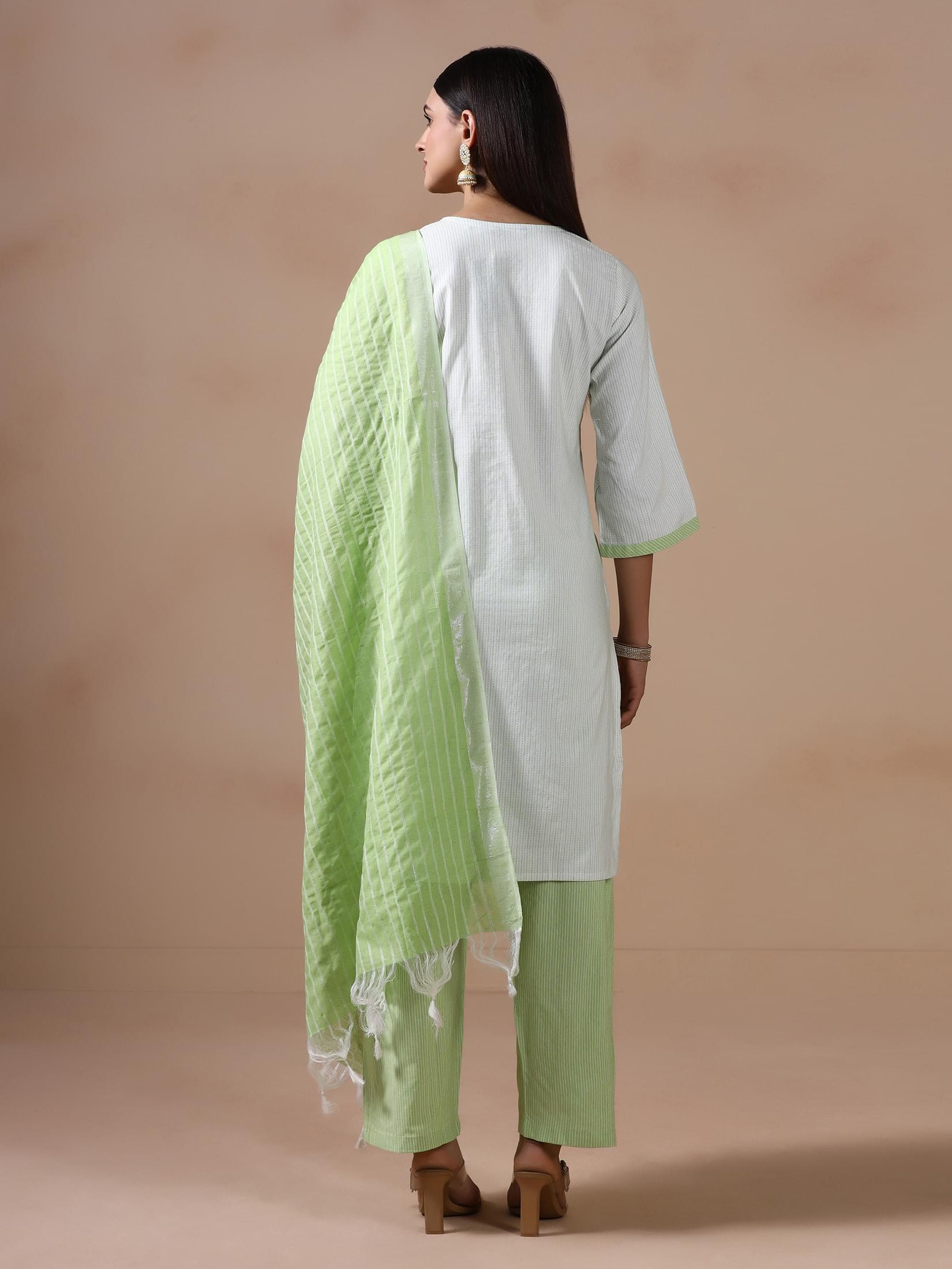 Women Poly Cotton Green Embroidered Yarn Dyed Kurta Comfort Pant Dupatta.