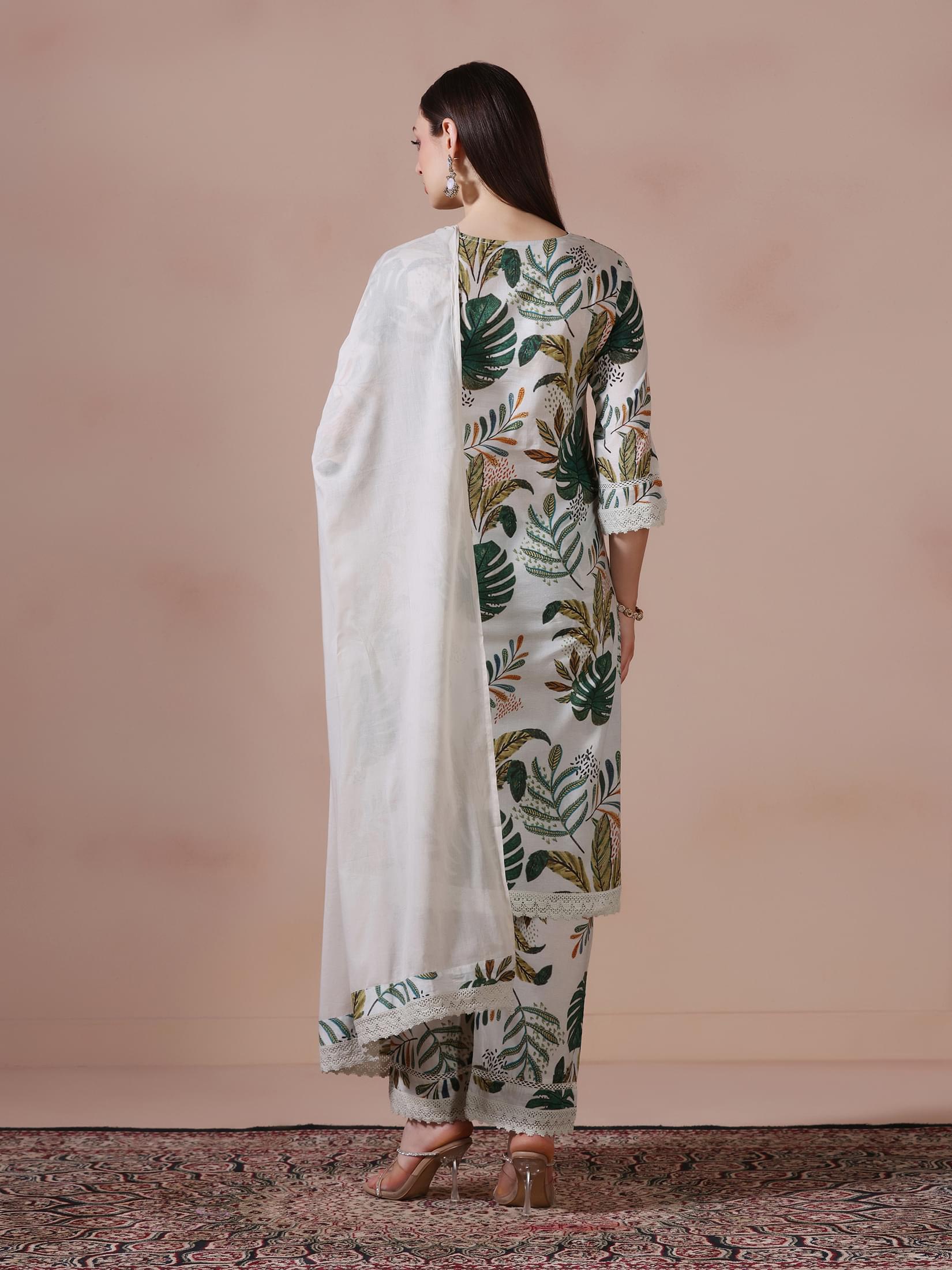 Women Cotton Green Printed Kurta Comfort Pant Dupatta.
