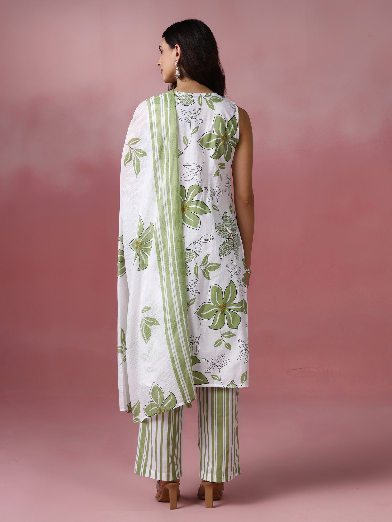 Women Cotton Off white and Green Printed Kurta Comfort Pant Dupatta