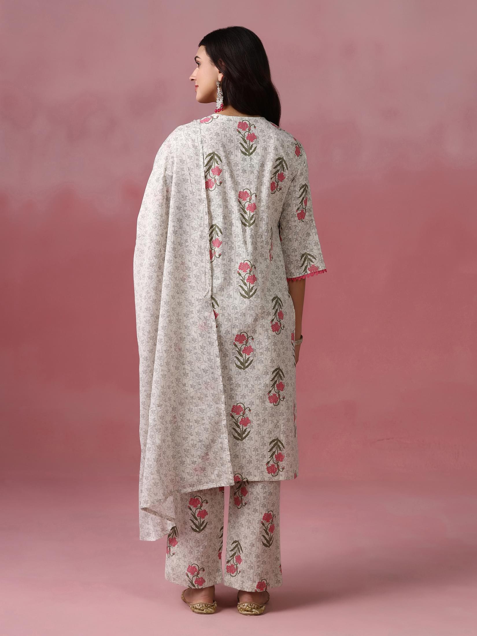 Women Cotton Flex Off White Printed Kurta Comfort Pant Dupatta.