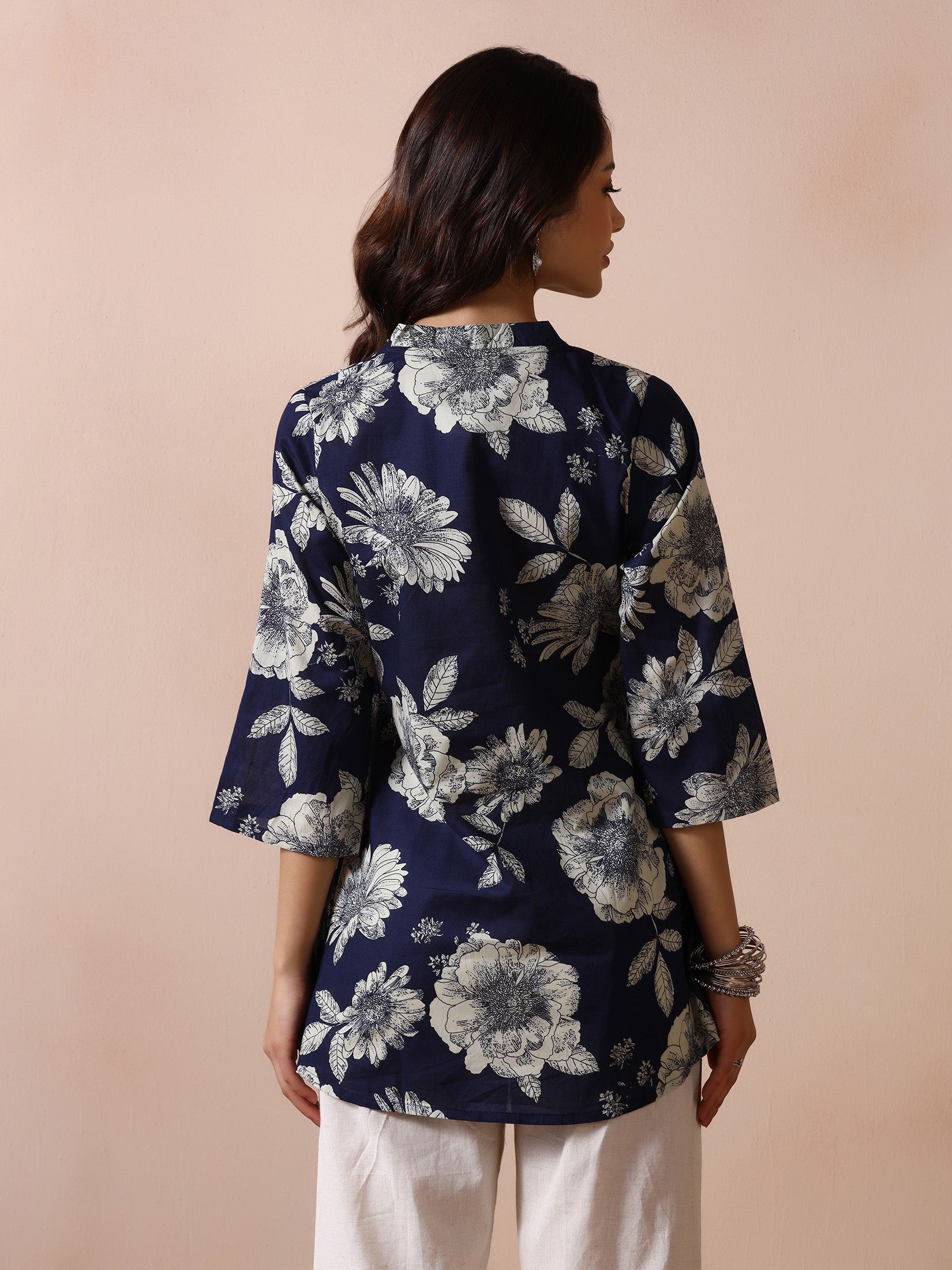 Women Navy Blue Cotton Printed Tunic