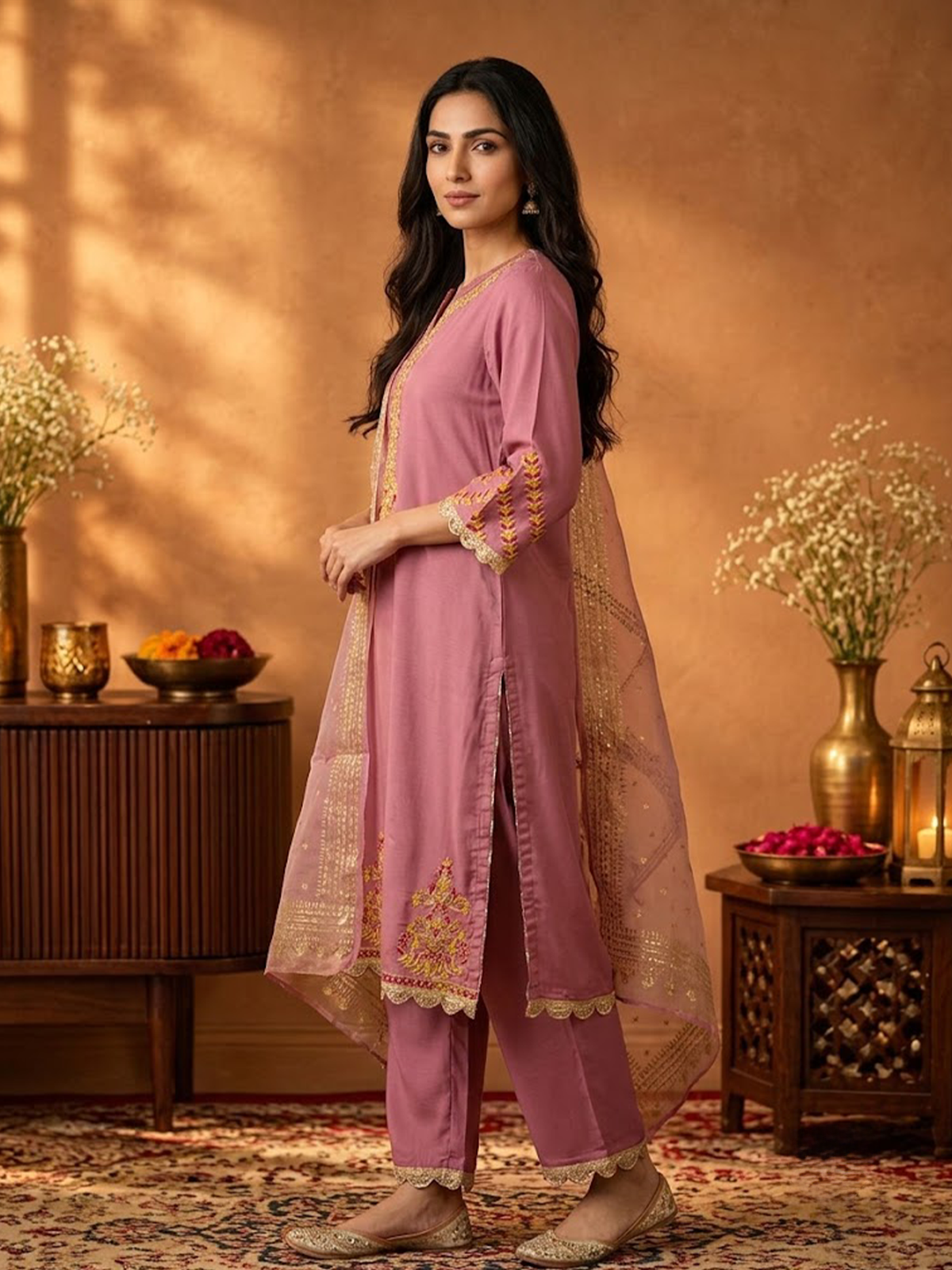 Women Onion Pink Poly Viscose Slub Solid Kurta Comfort Pant Dupatta
