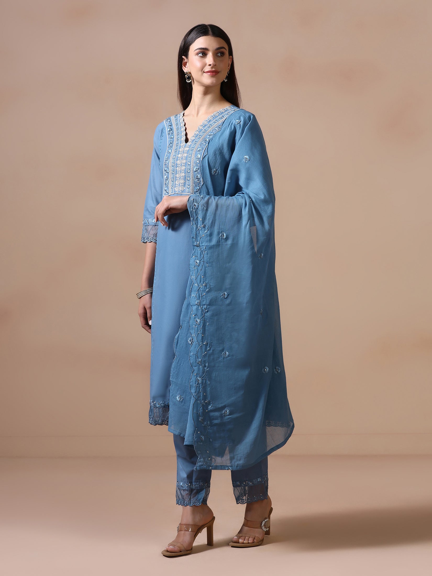 Women Cotton Blue Embroidered Kurta Comfort Pant Dupatta