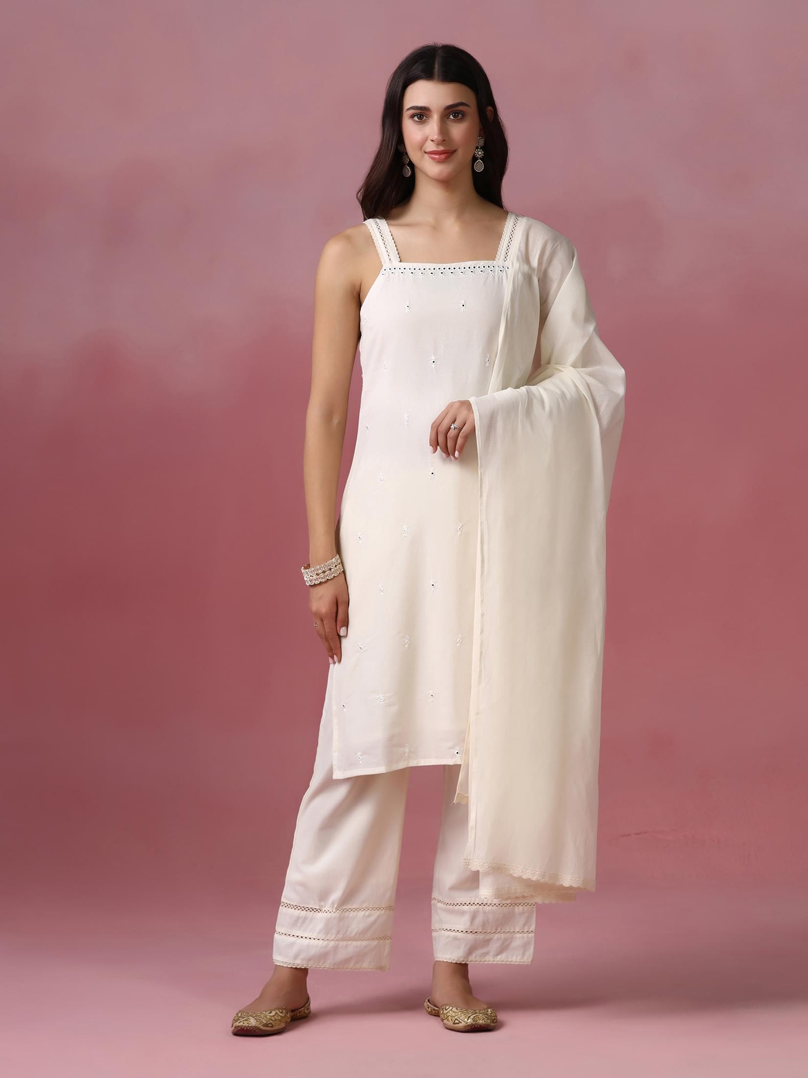 Women Cotton Off White Embroidered Kurta Comfort Pant With Dupatta.