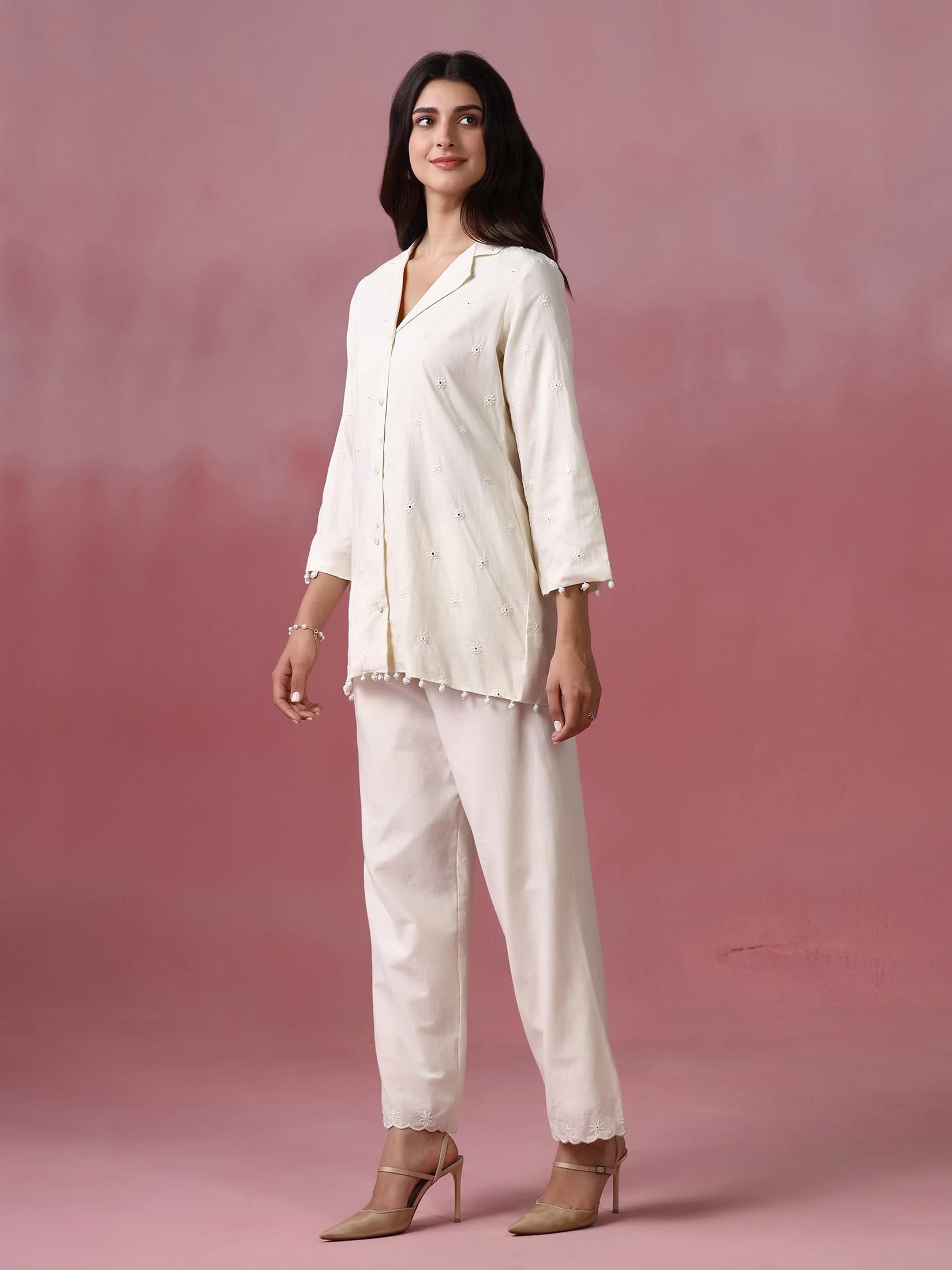 Women Cotton Off White With Embroidered Work Co Ord Set.