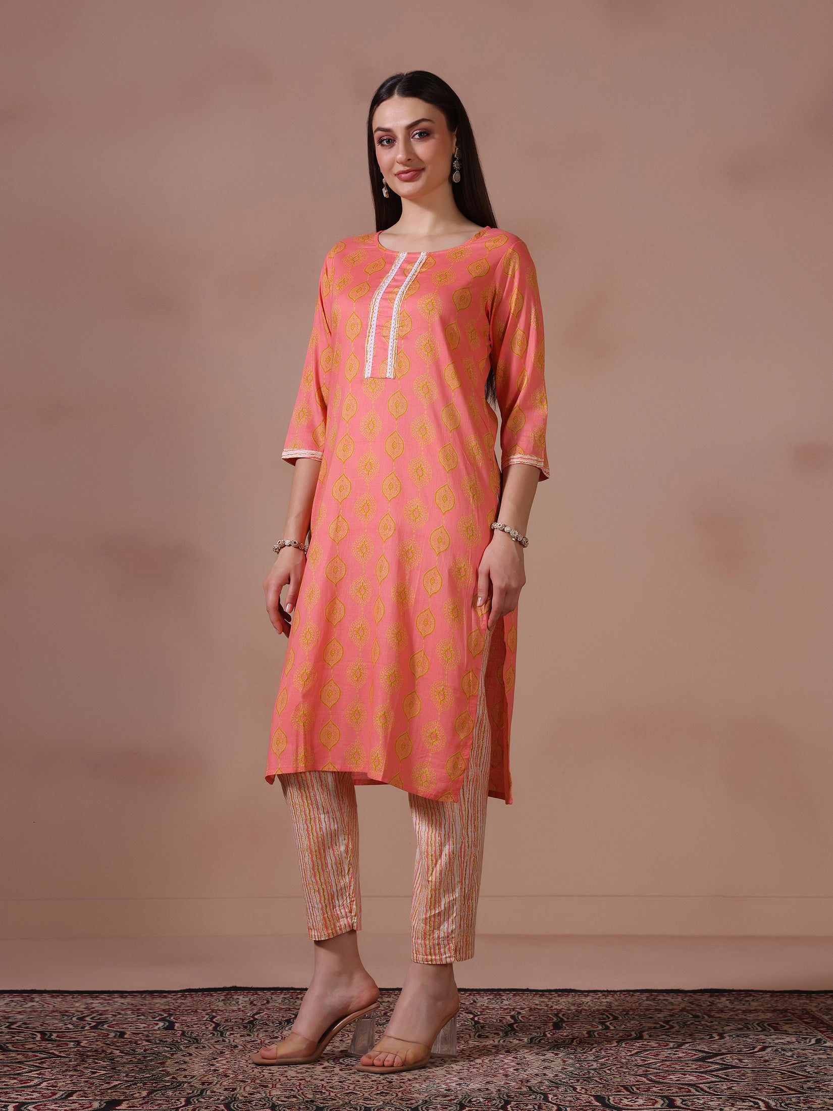 Women Cotton Pink Printed Kurta Trouser Dupatta