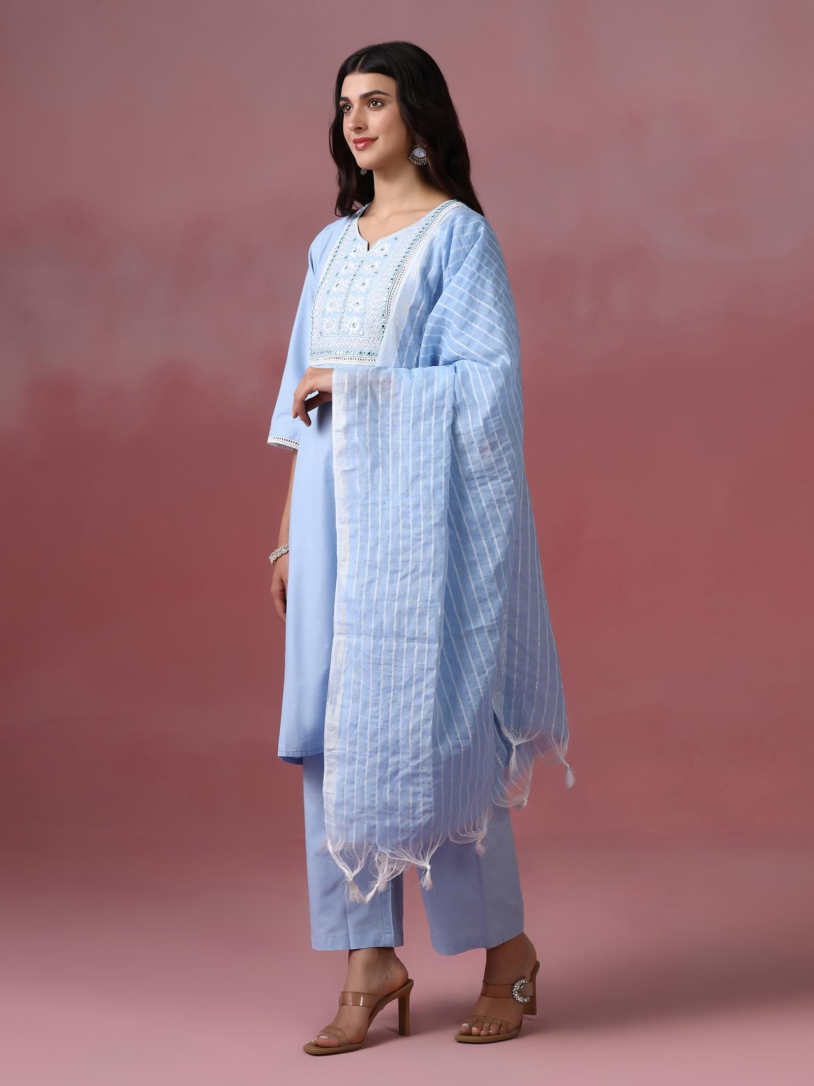 Women Poly Cotton Blue Embroidered Kurta Comfort Pant Dupatta.
