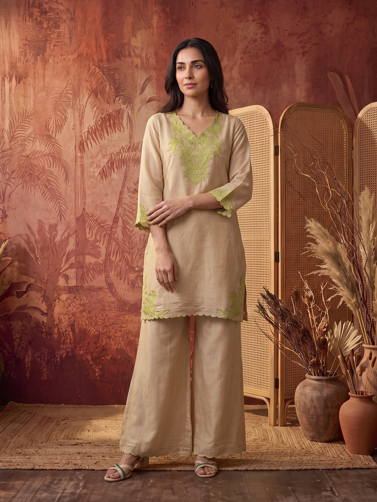Women Beige Mull Chanderi Embroidered Kurta Wide Leg Pant Dupatta