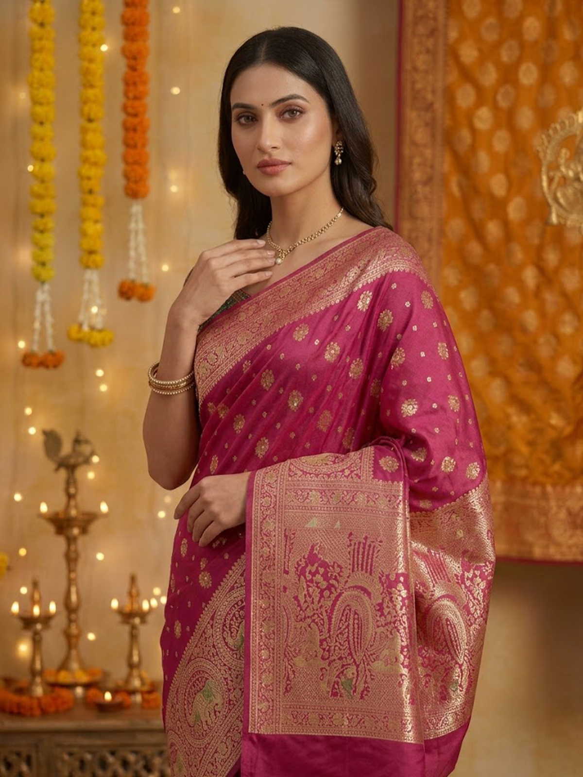 Women Pink And Green Viscose Saree With Stitch Blouse
