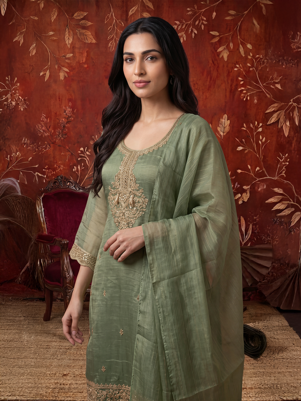 Women Olive Poly Viscose Tissue Embroidered Kurta Palazzo Dupatta