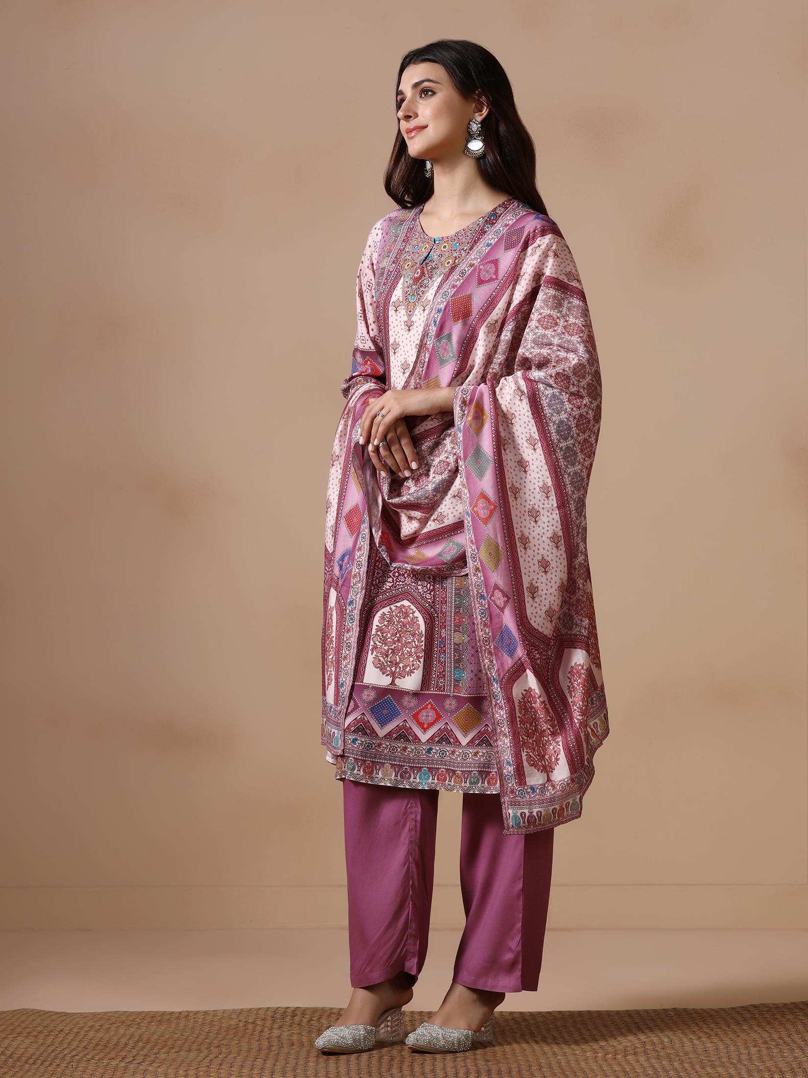 Women Liva Wine Multicolor Printed Kurta Comfort Pant Dupatta.