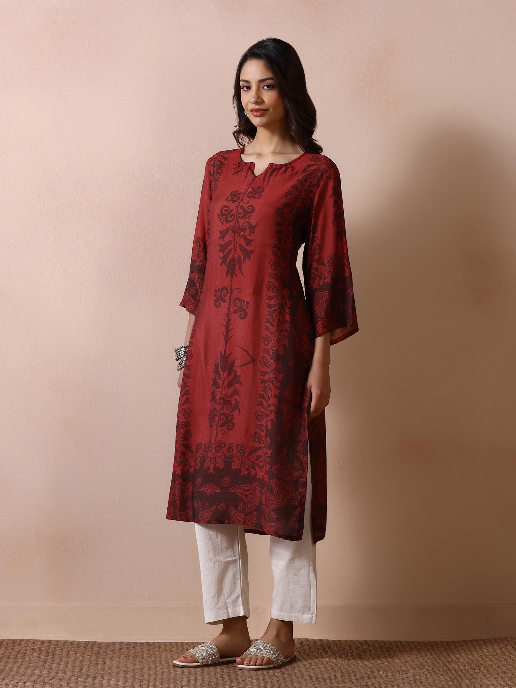 Women Chanderi Rust Printed Kurta.