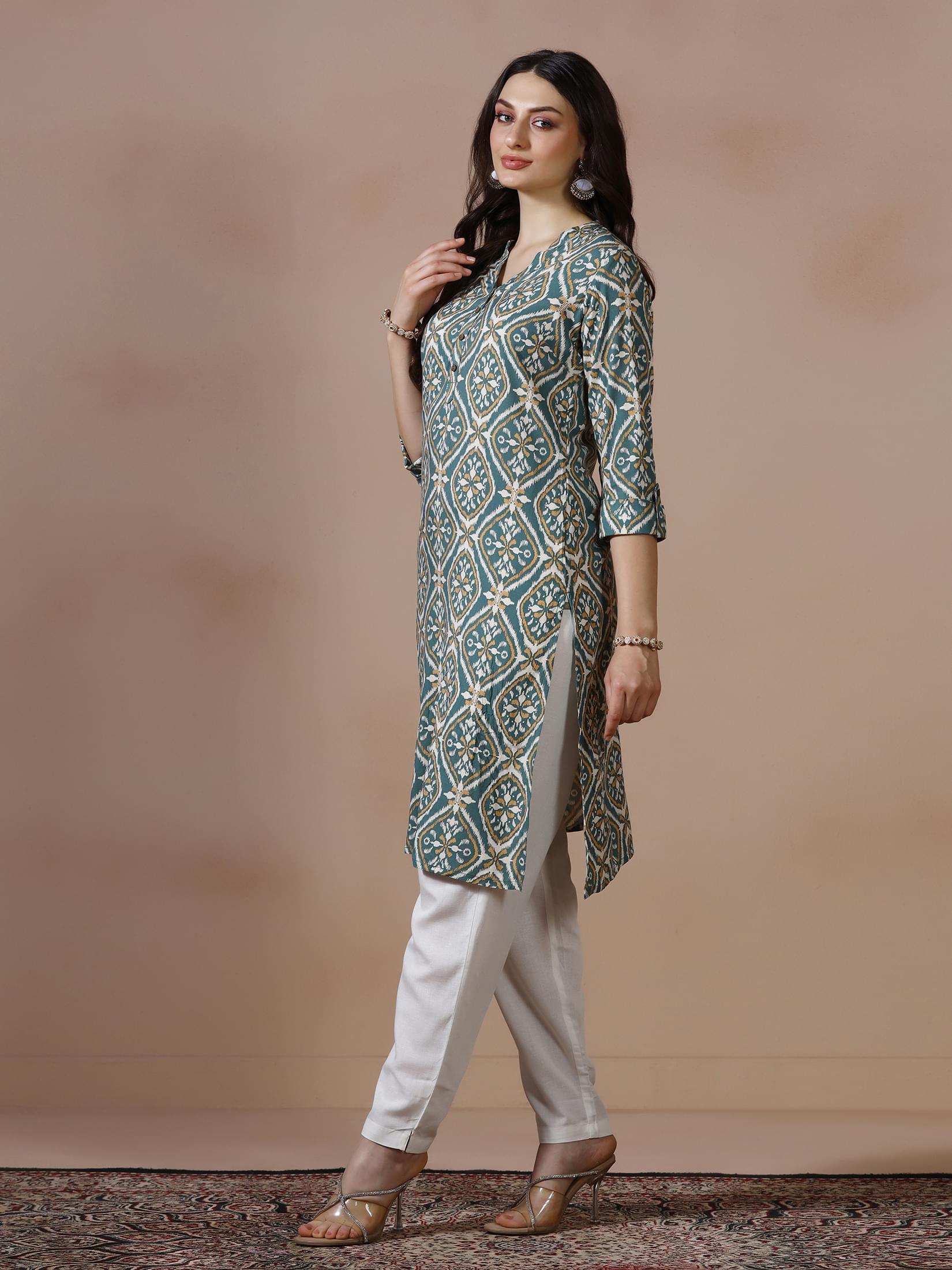 Women Liva Teal Printed Kurta.