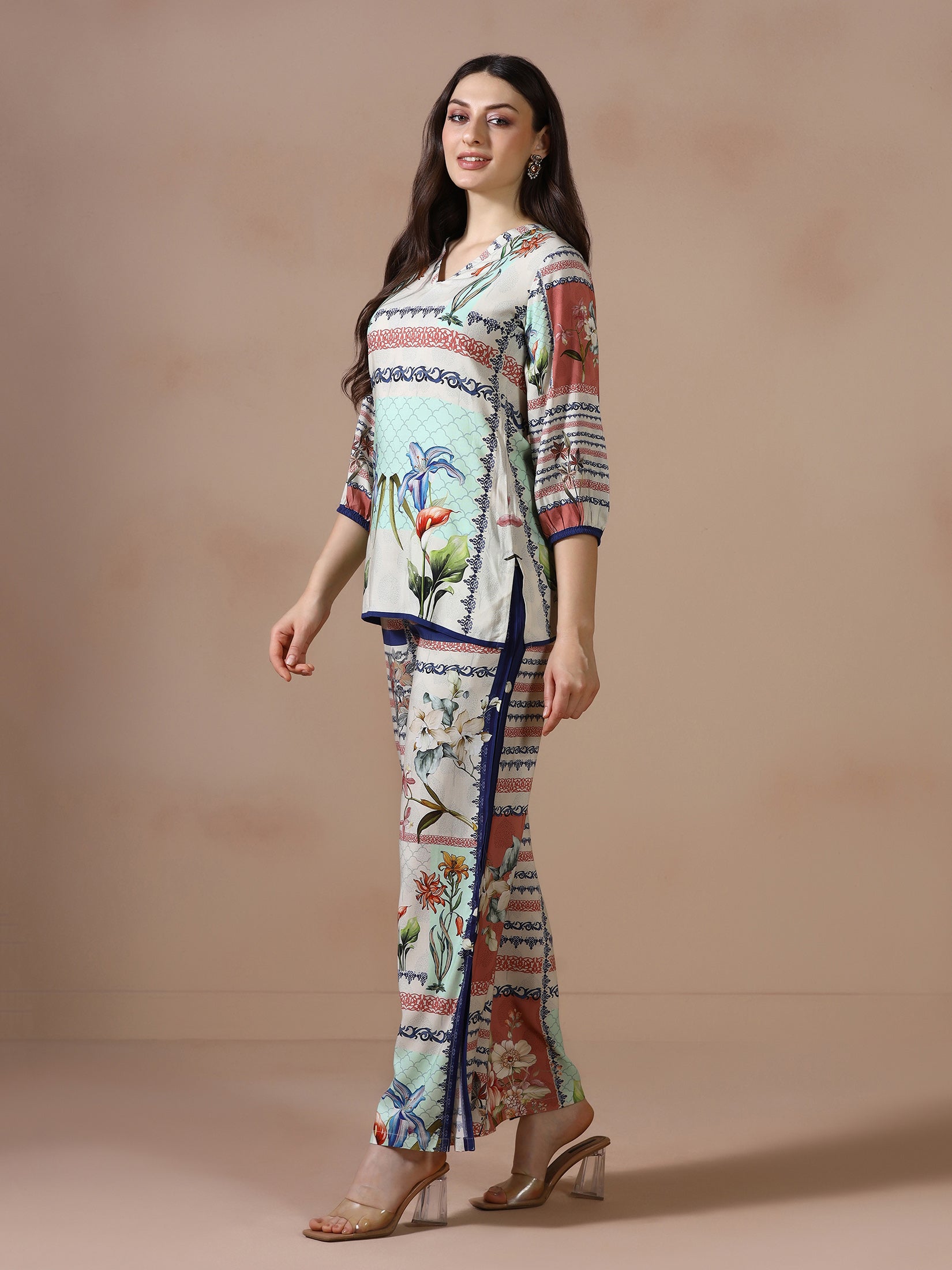 Women Liva Beige Printed Co Ord Set