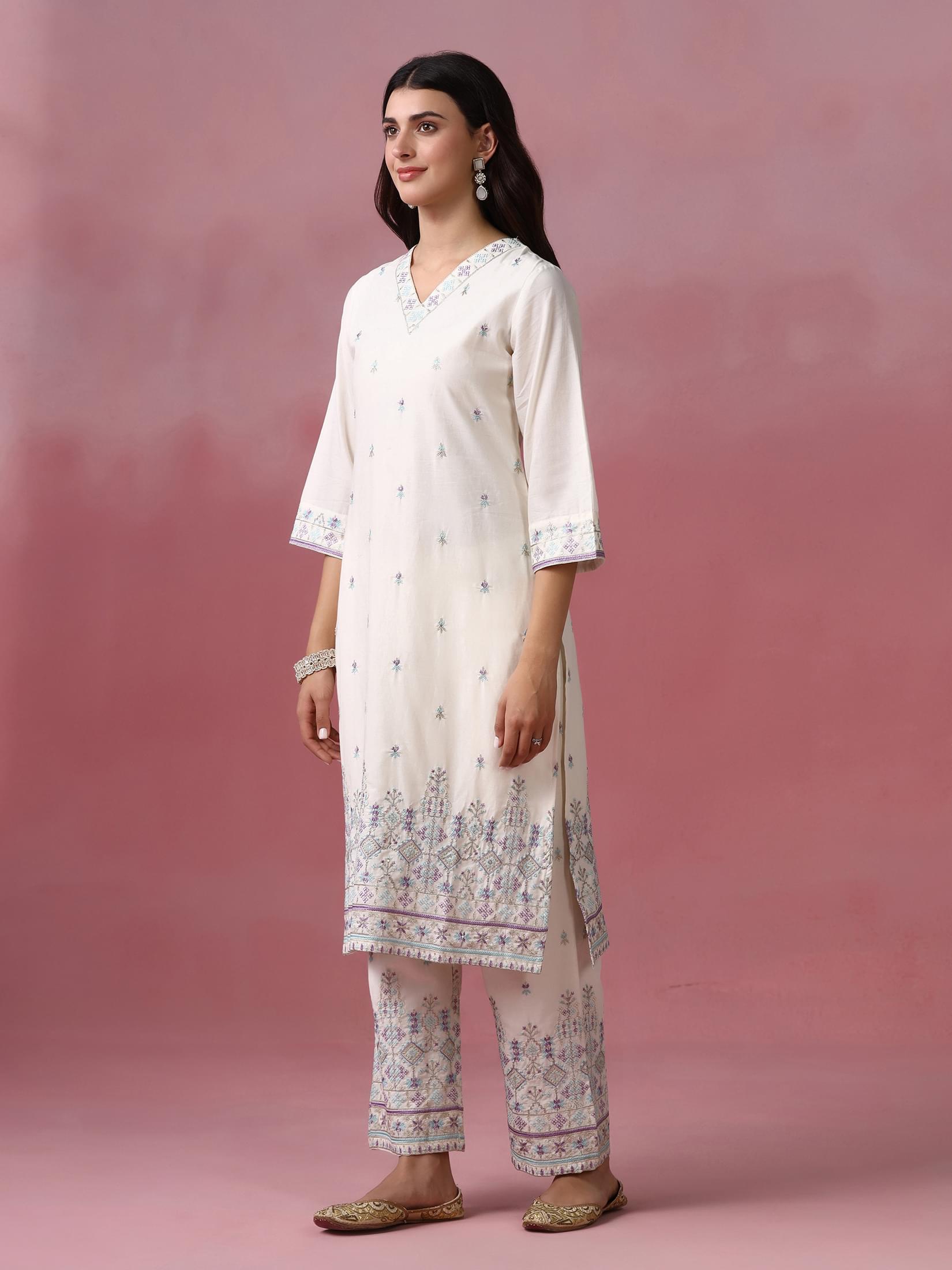 Women Cotton Off White Embroidered Kurta Comfort Pant Dupatta.