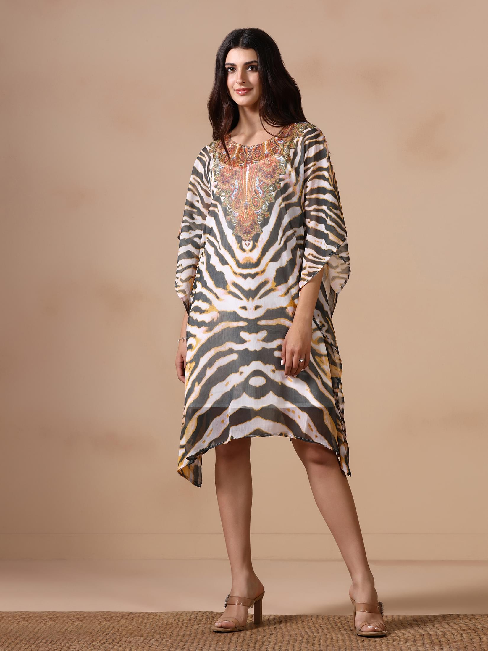 Women Chiffon Off White and Green Printed Kaftan with Inner.